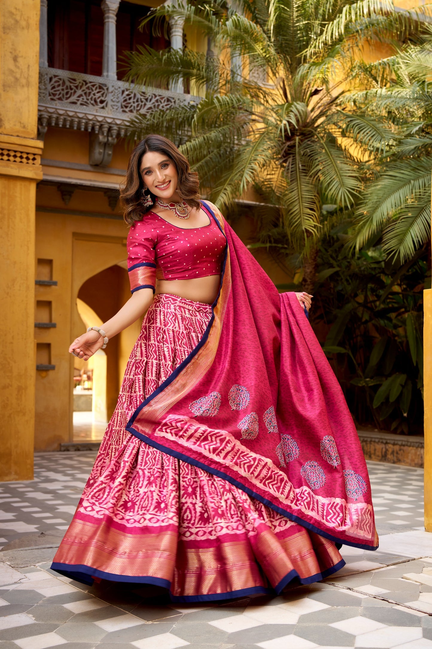 Dola silk lehenga choli featuring traditional batik art—made to stand out beautifully 🍁