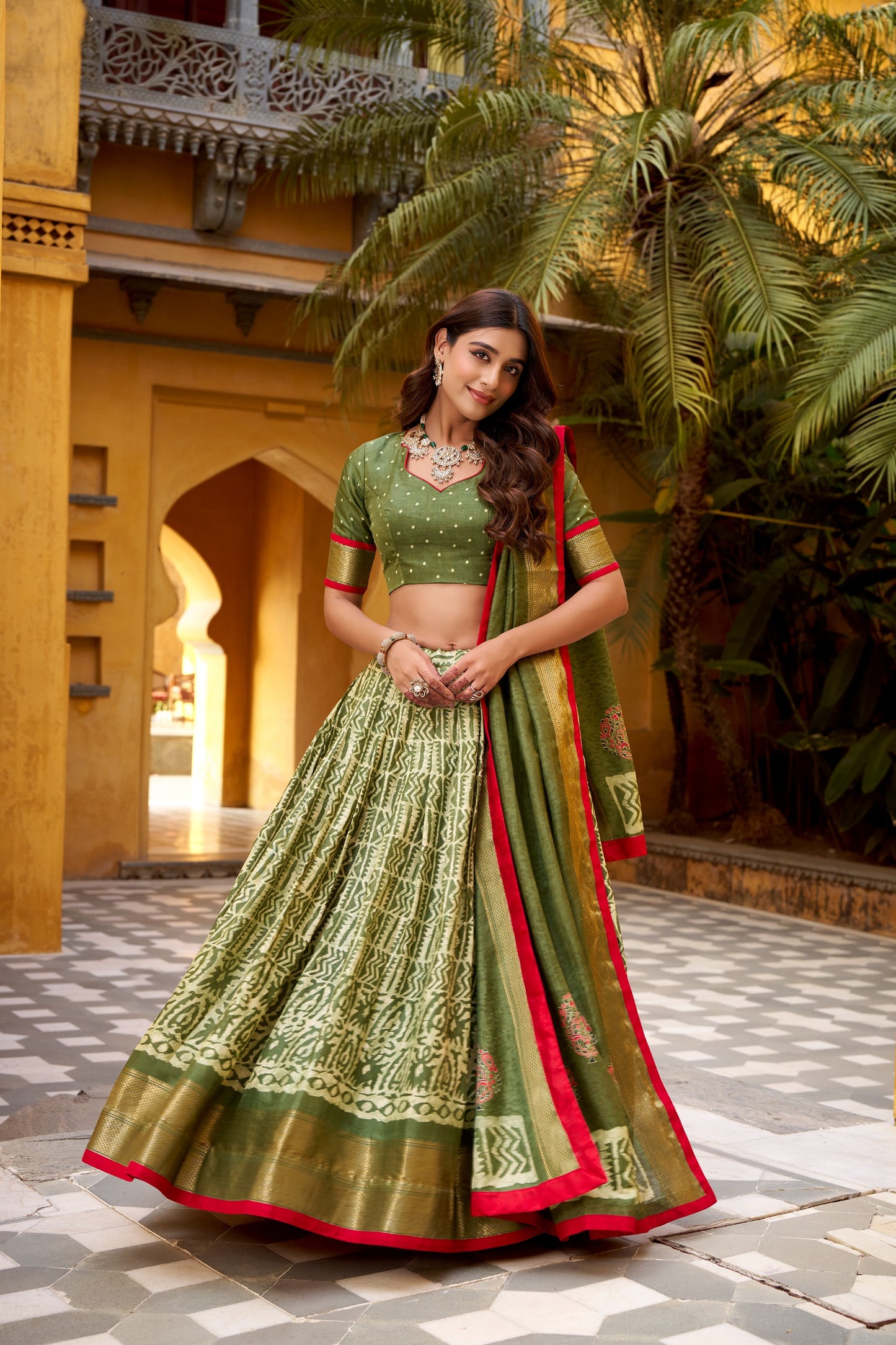 Dola silk lehenga choli featuring traditional batik art—made to stand out beautifully 🍁