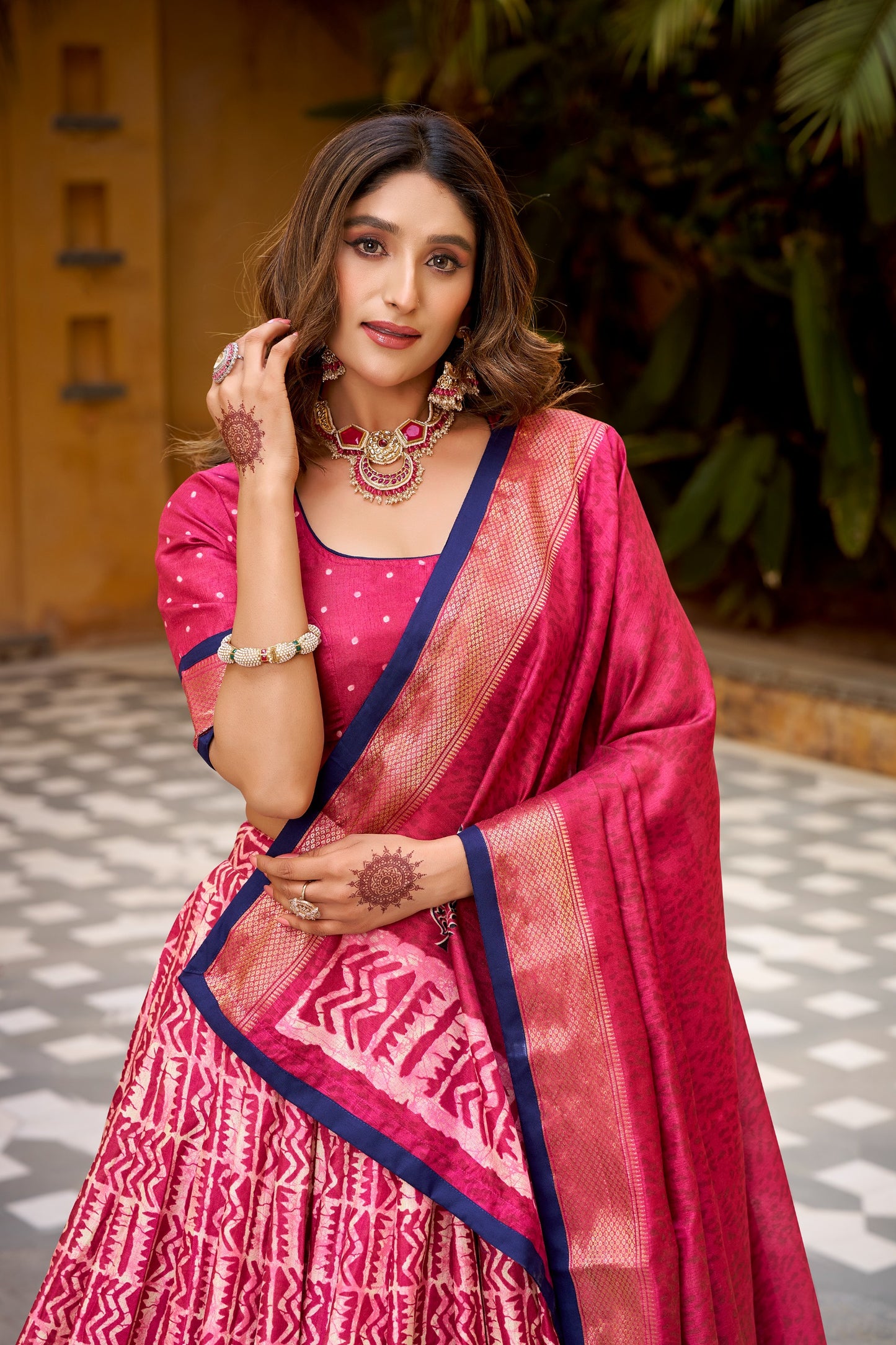 Dola silk lehenga choli featuring traditional batik art—made to stand out beautifully 🍁