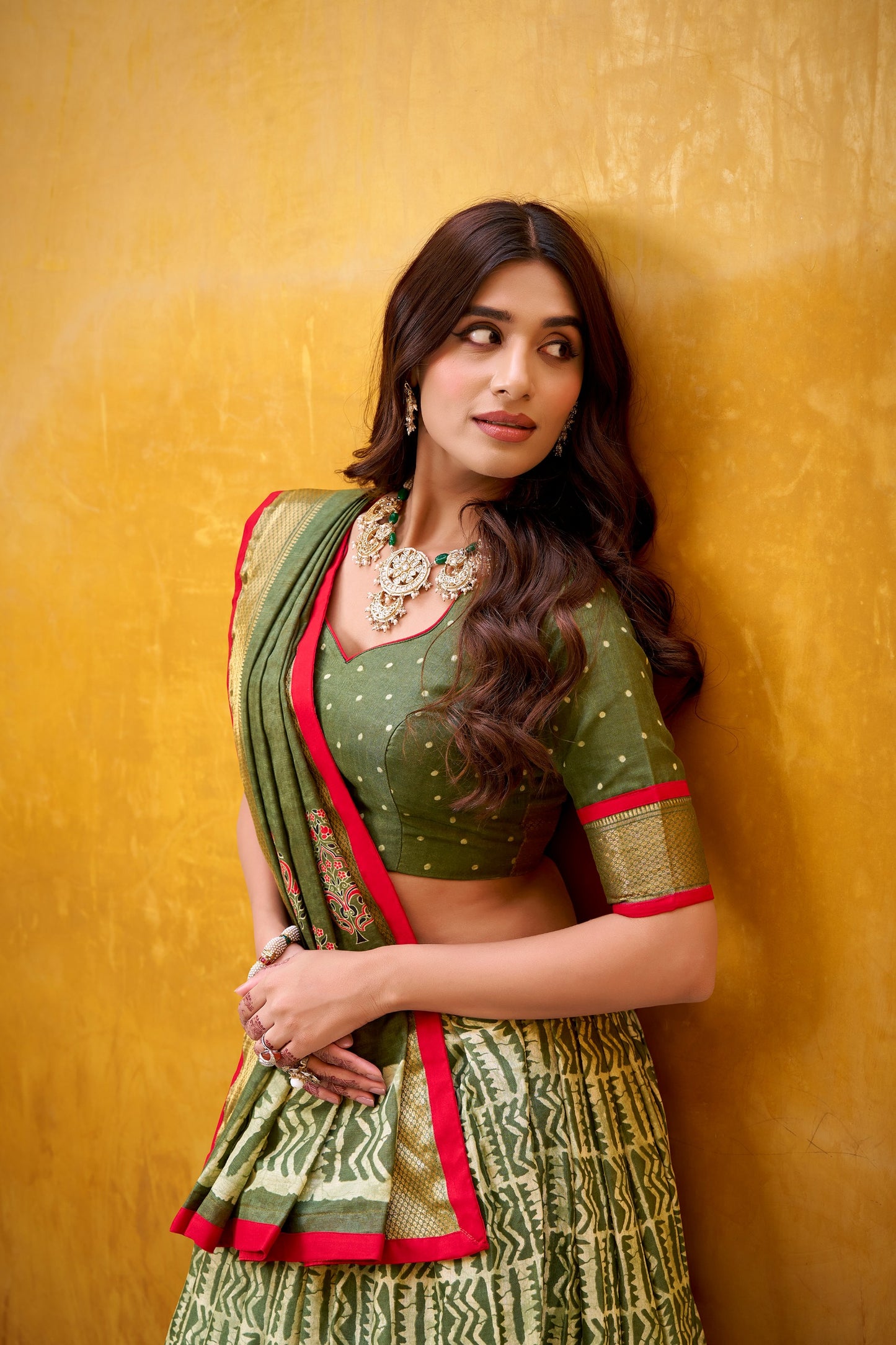 Dola silk lehenga choli featuring traditional batik art—made to stand out beautifully 🍁