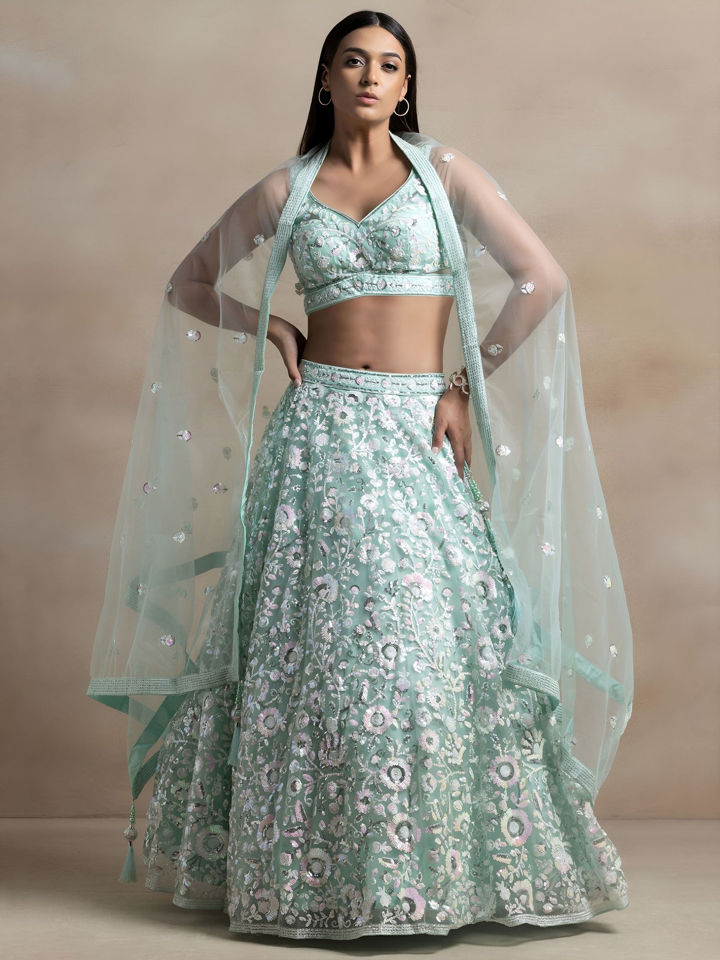 Women's Semi-Stitched Lehenga in Aqua Blue Soft Net with Thread & Sequins Embroidery