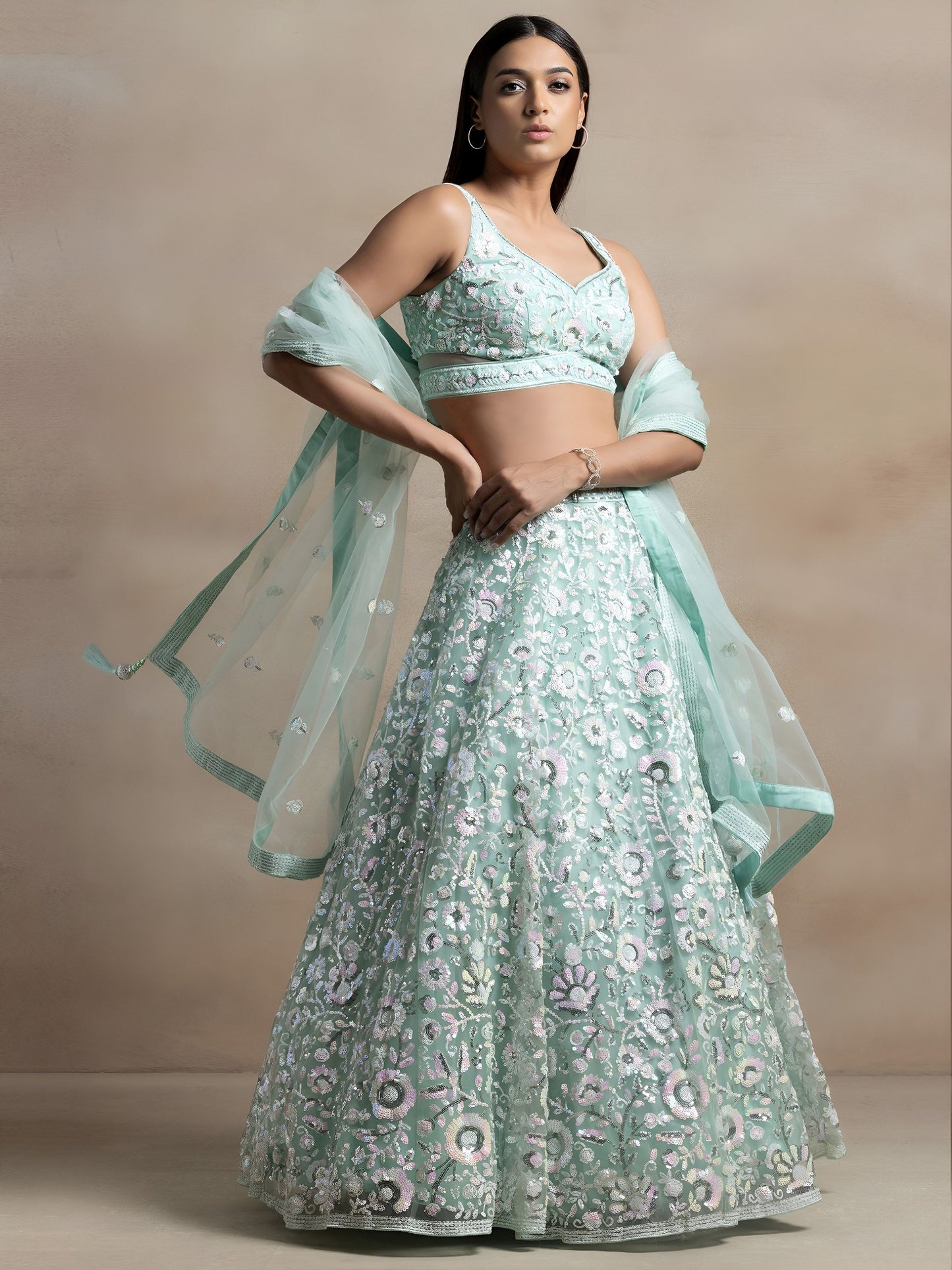 Women's Semi-Stitched Lehenga in Aqua Blue Soft Net with Thread & Sequins Embroidery