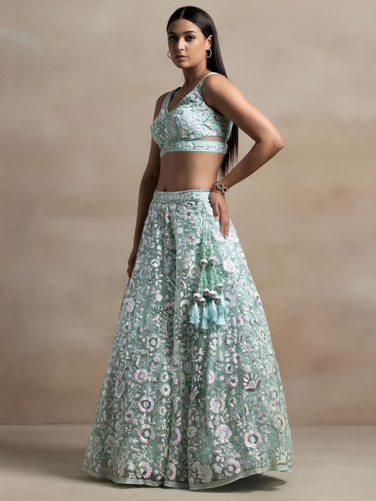 Women's Semi-Stitched Lehenga in Aqua Blue Soft Net with Thread & Sequins Embroidery