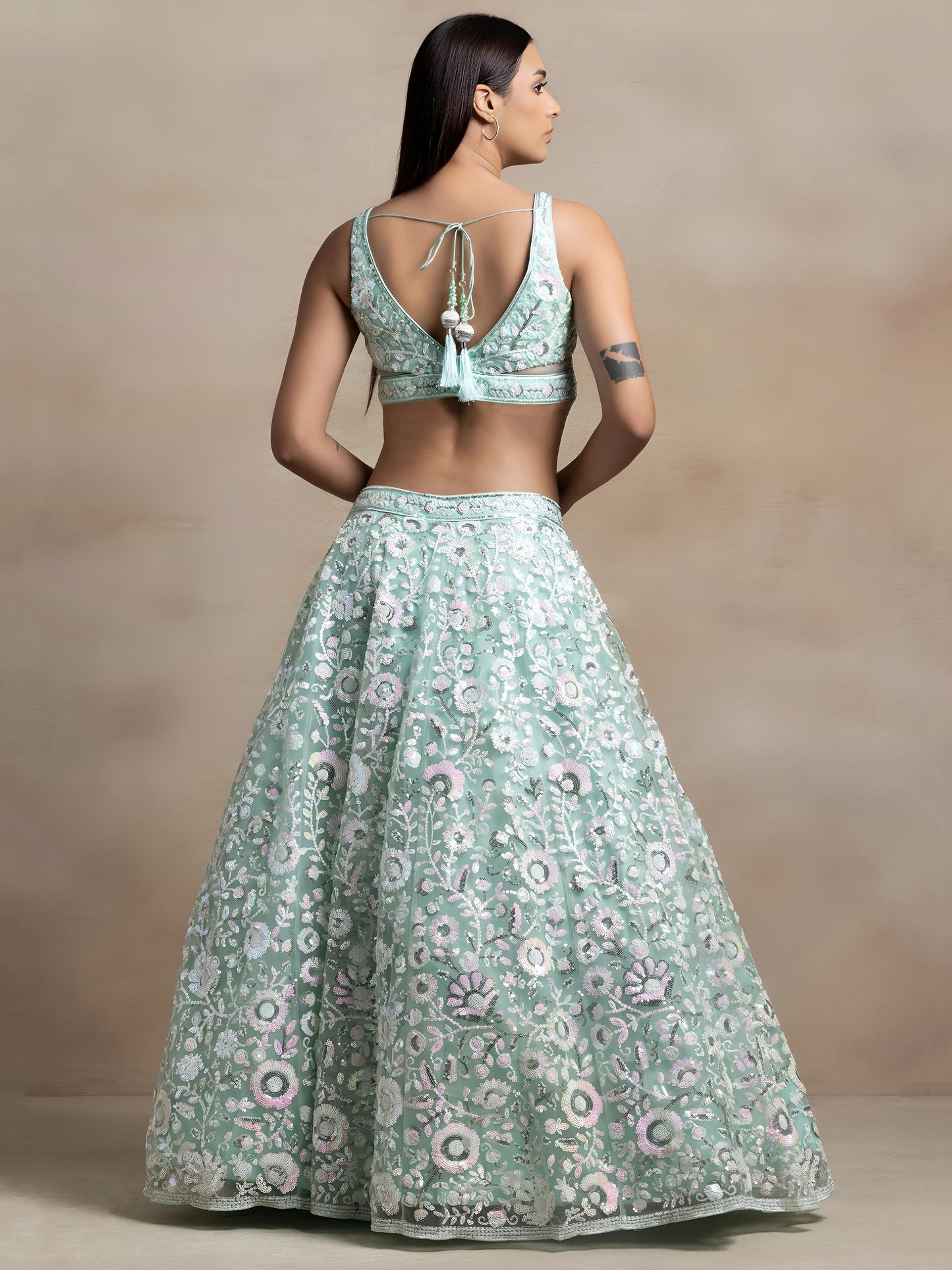 Women's Semi-Stitched Lehenga in Aqua Blue Soft Net with Thread & Sequins Embroidery