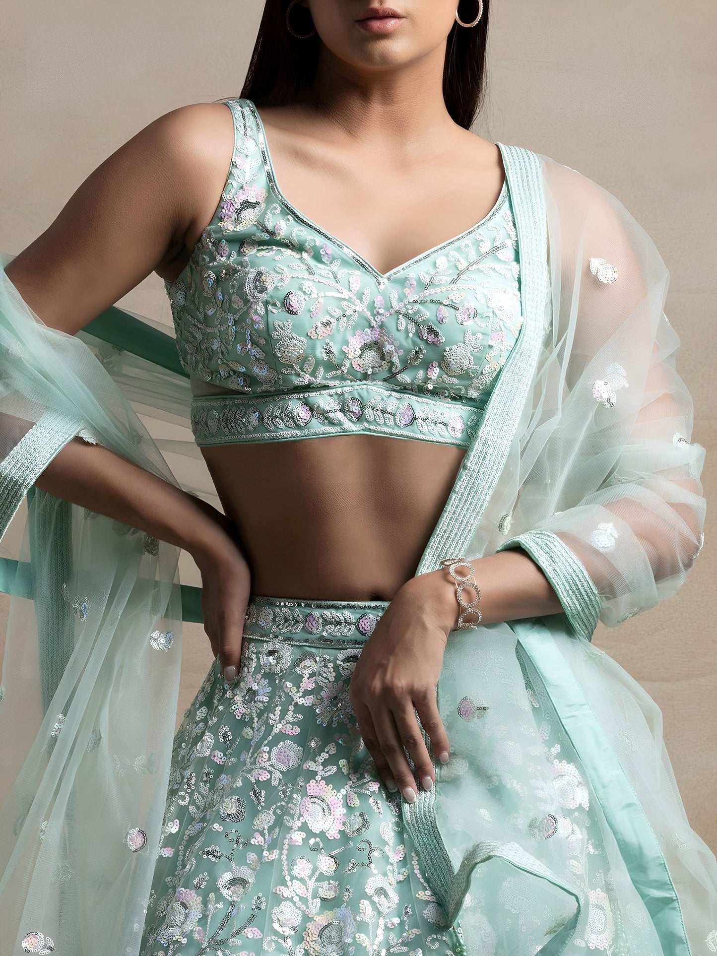 Women's Semi-Stitched Lehenga in Aqua Blue Soft Net with Thread & Sequins Embroidery