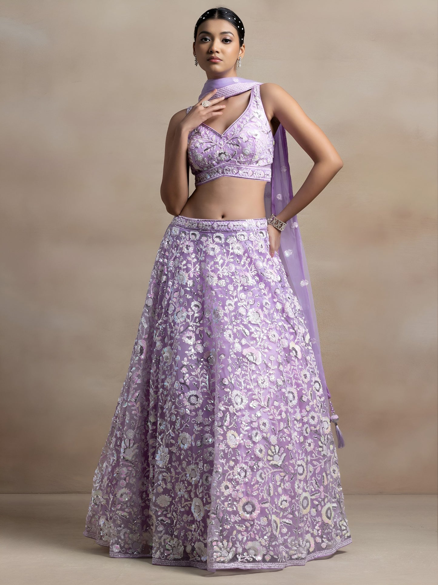 Women's Semi-Stitched Lehenga in Lavender Soft Net with Thread & Sequins Embroidery