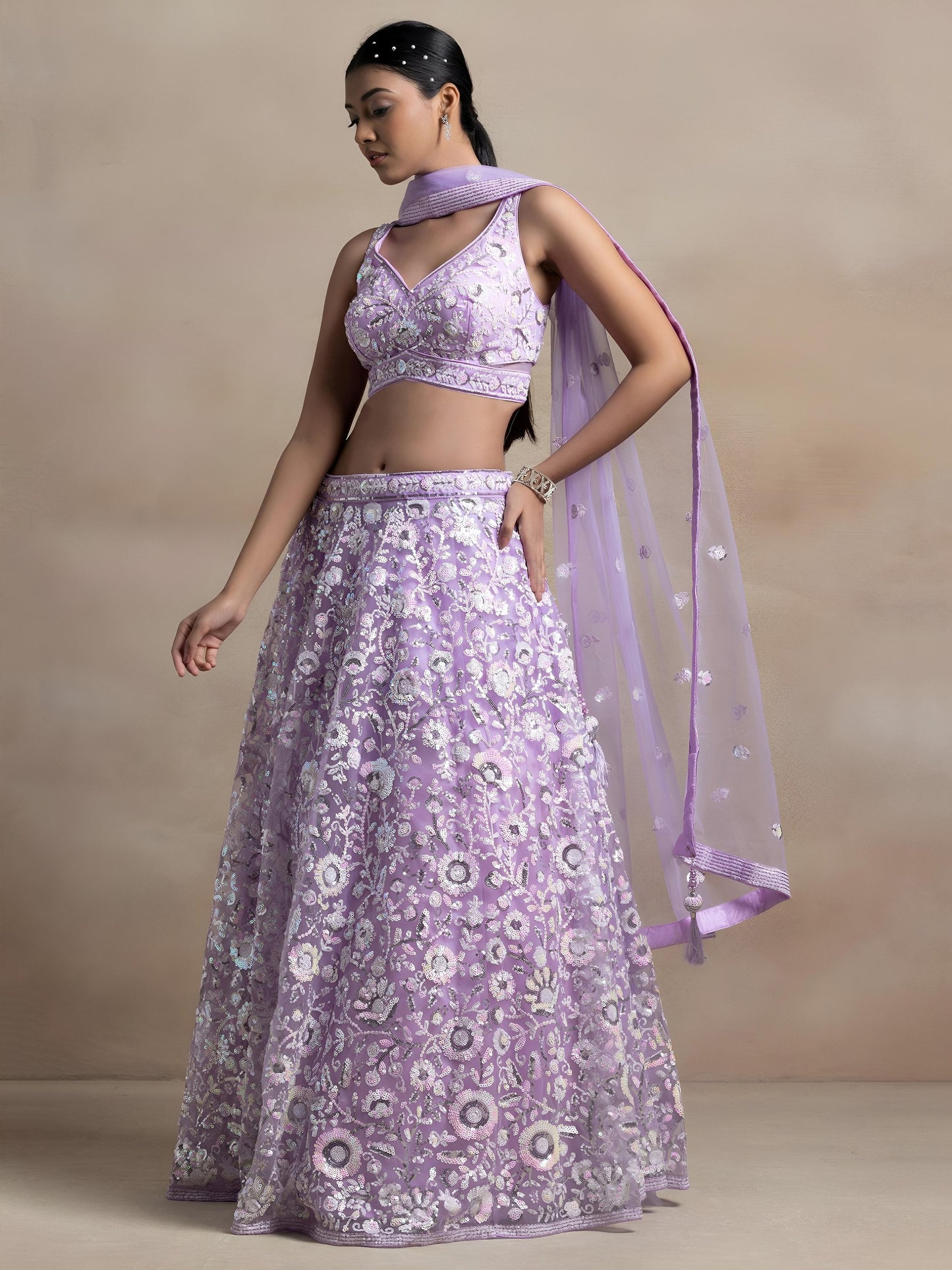 Women's Semi-Stitched Lehenga in Lavender Soft Net with Thread & Sequins Embroidery
