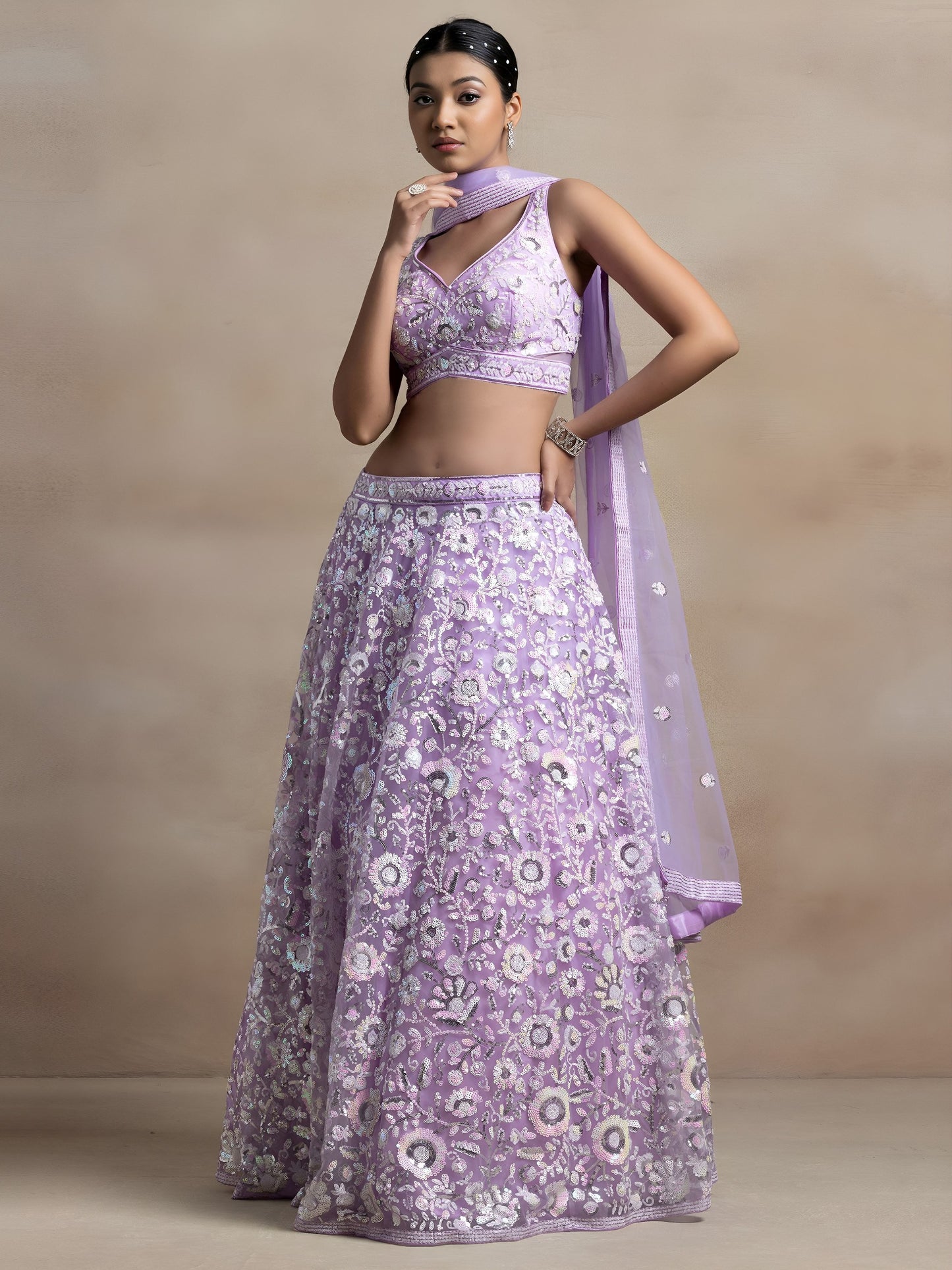 Women's Semi-Stitched Lehenga in Lavender Soft Net with Thread & Sequins Embroidery