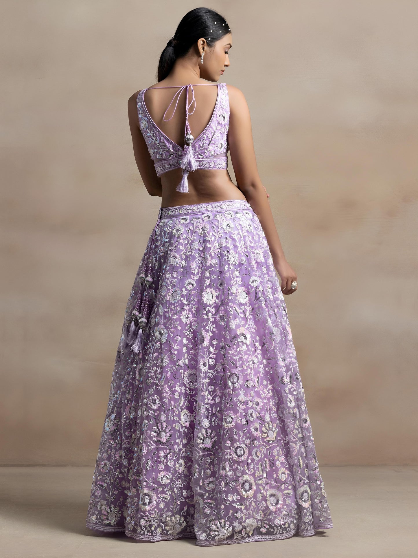 Women's Semi-Stitched Lehenga in Lavender Soft Net with Thread & Sequins Embroidery