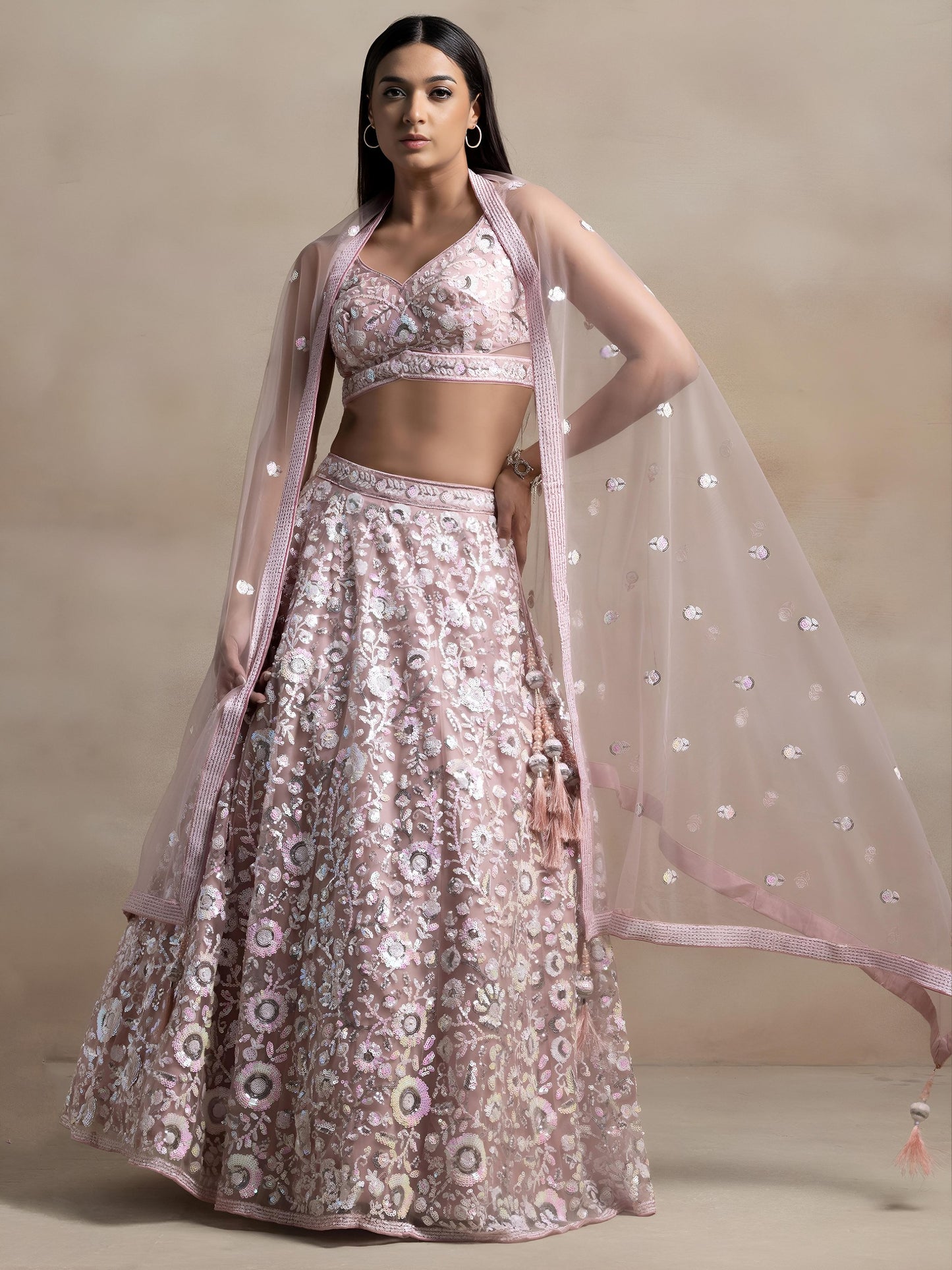 Women's Semi-Stitched Lehenga in Soft Pink Soft Net with Thread & Sequins Embroidery