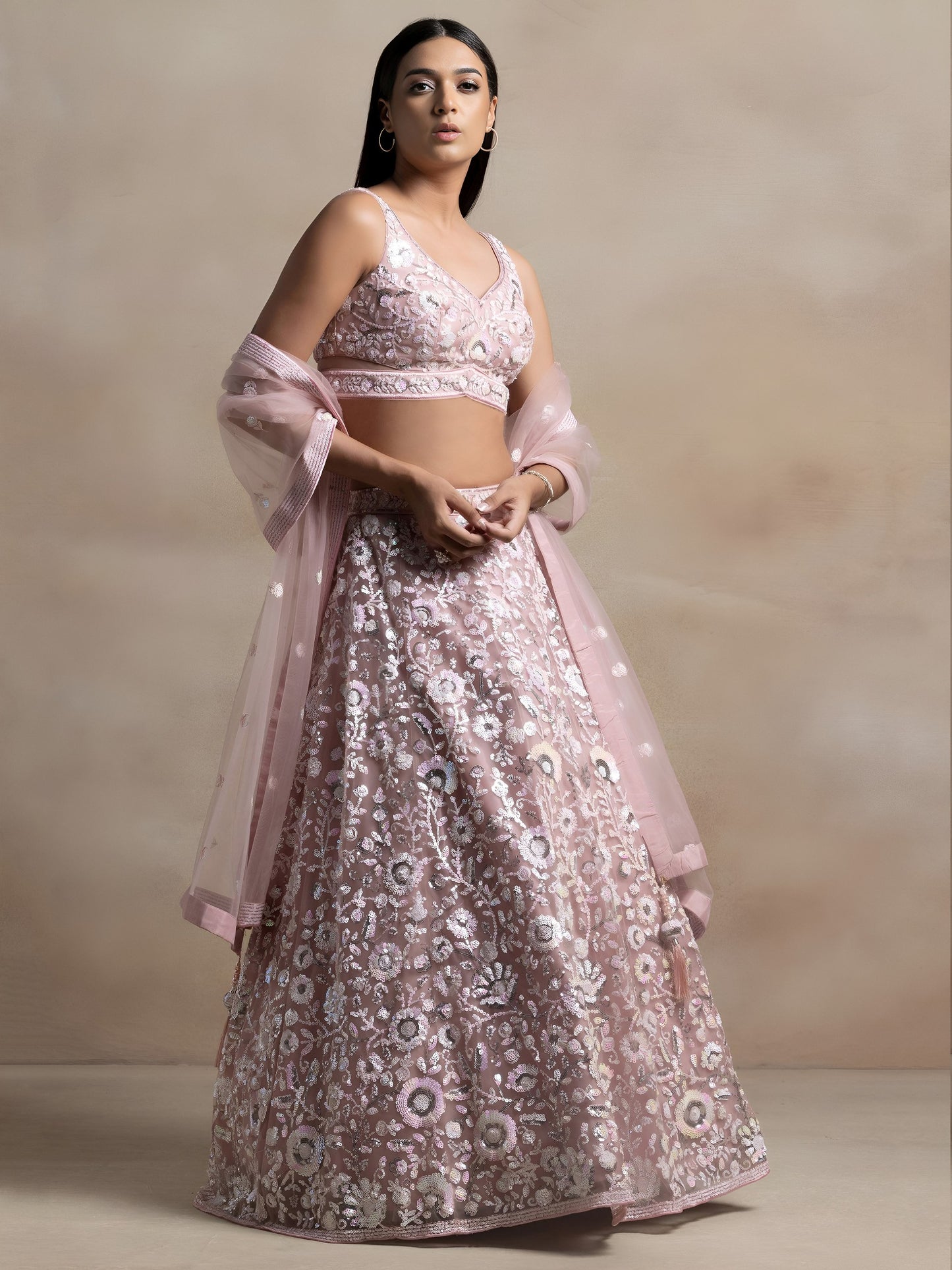 Women's Semi-Stitched Lehenga in Soft Pink Soft Net with Thread & Sequins Embroidery