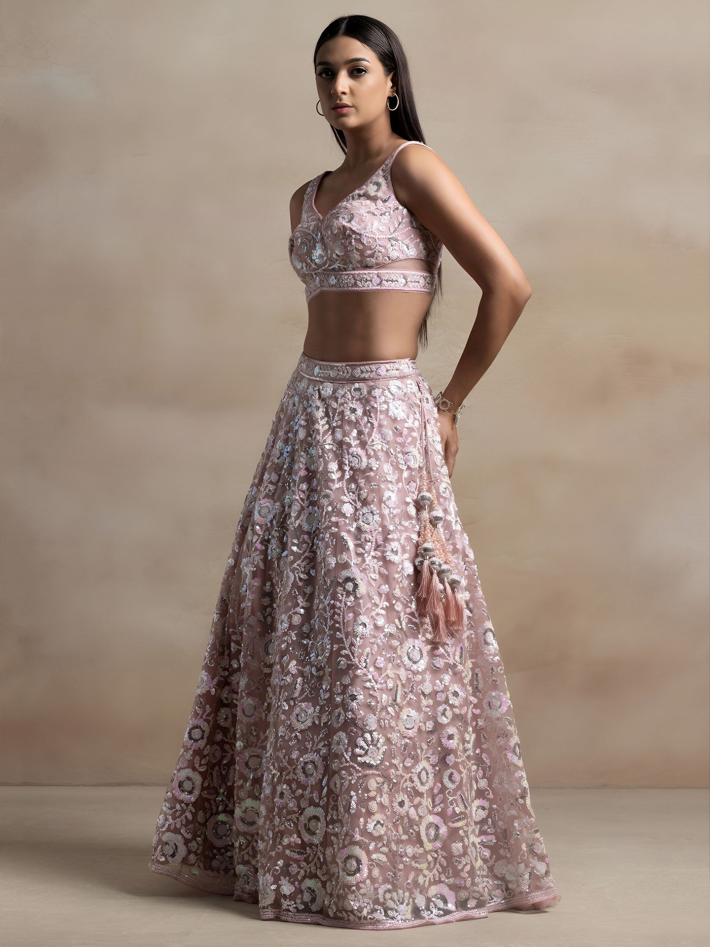 Women's Semi-Stitched Lehenga in Soft Pink Soft Net with Thread & Sequins Embroidery