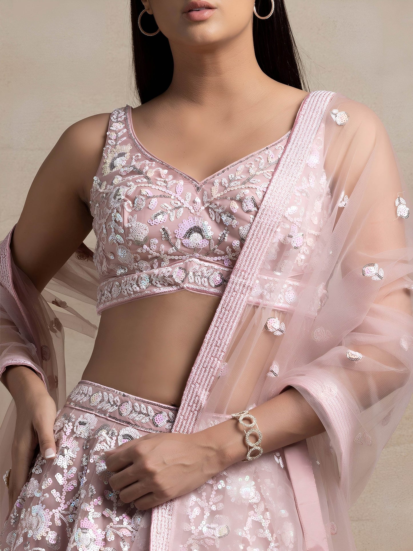 Women's Semi-Stitched Lehenga in Soft Pink Soft Net with Thread & Sequins Embroidery