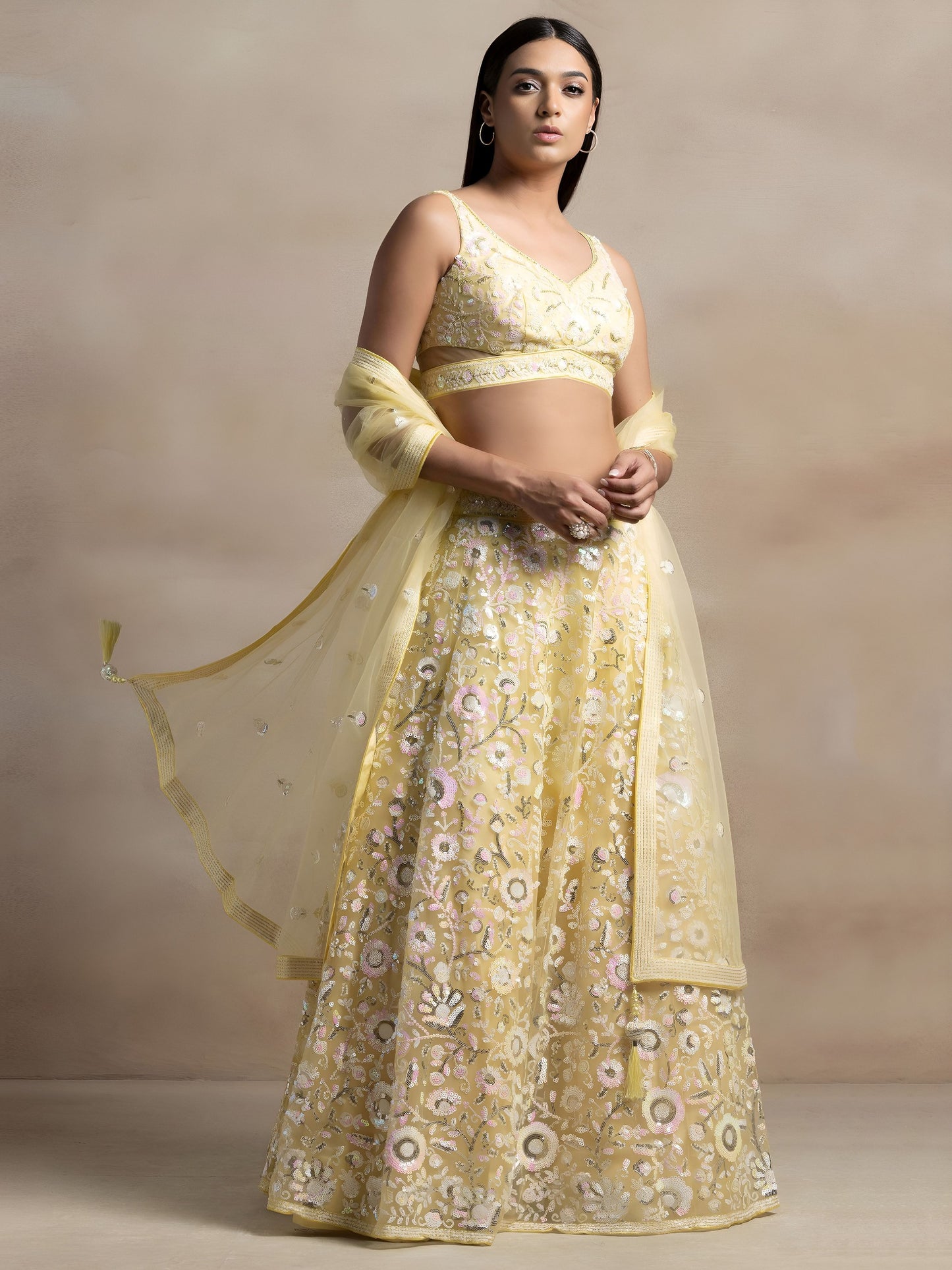 Women's Semi-Stitched Lehenga in Pastel Yellow Soft Net with Thread & Sequins Embroidery