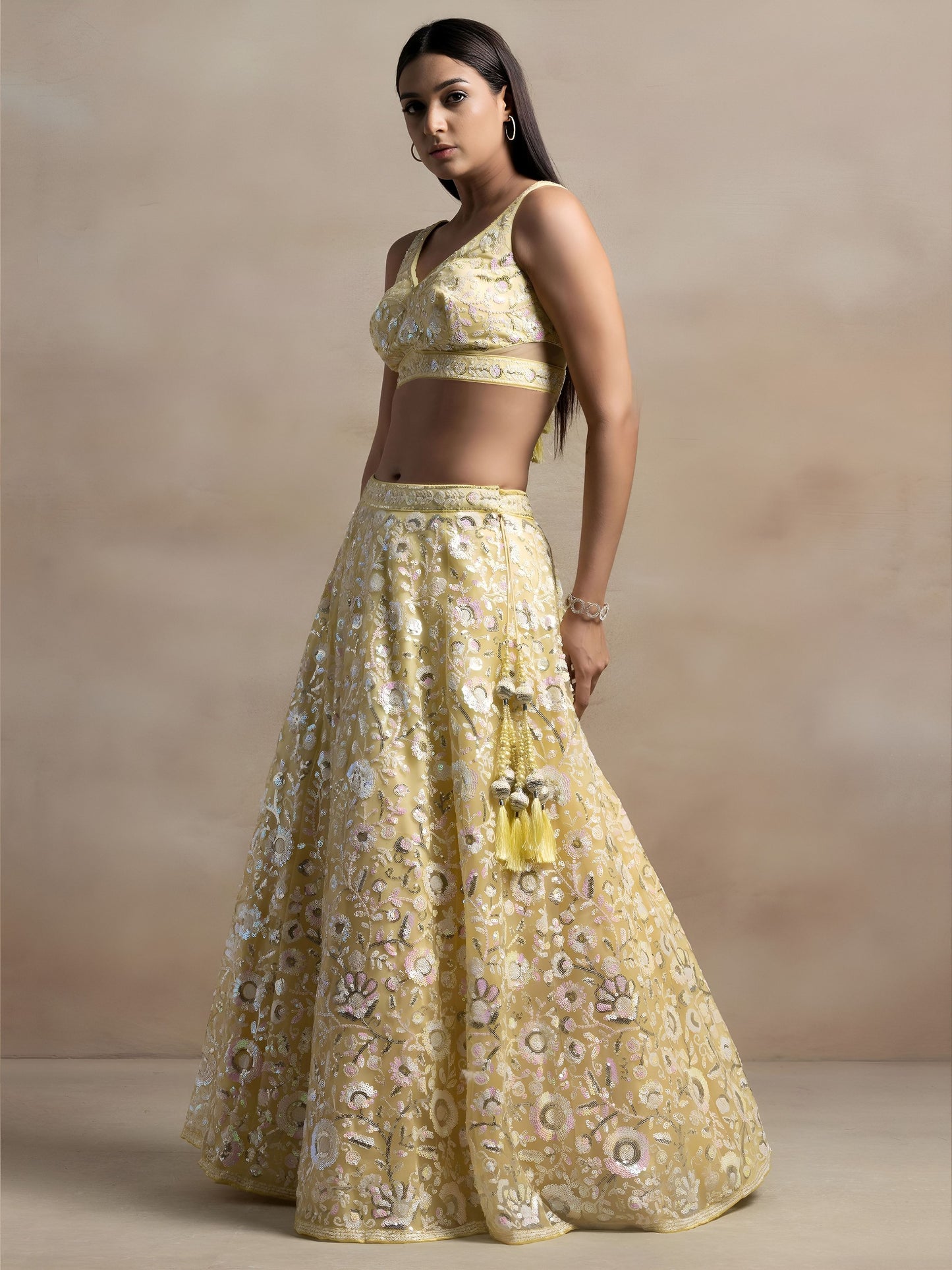 Women's Semi-Stitched Lehenga in Pastel Yellow Soft Net with Thread & Sequins Embroidery