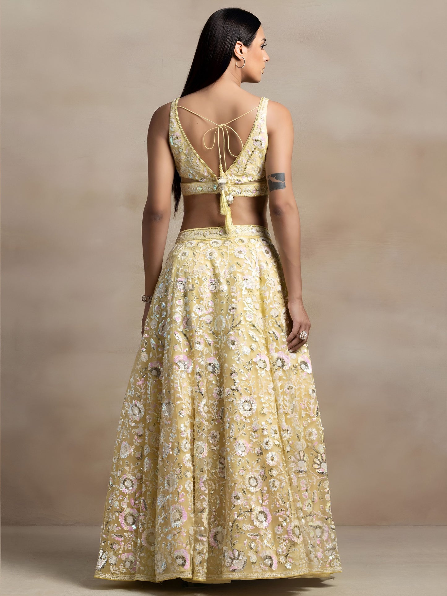 Women's Semi-Stitched Lehenga in Pastel Yellow Soft Net with Thread & Sequins Embroidery