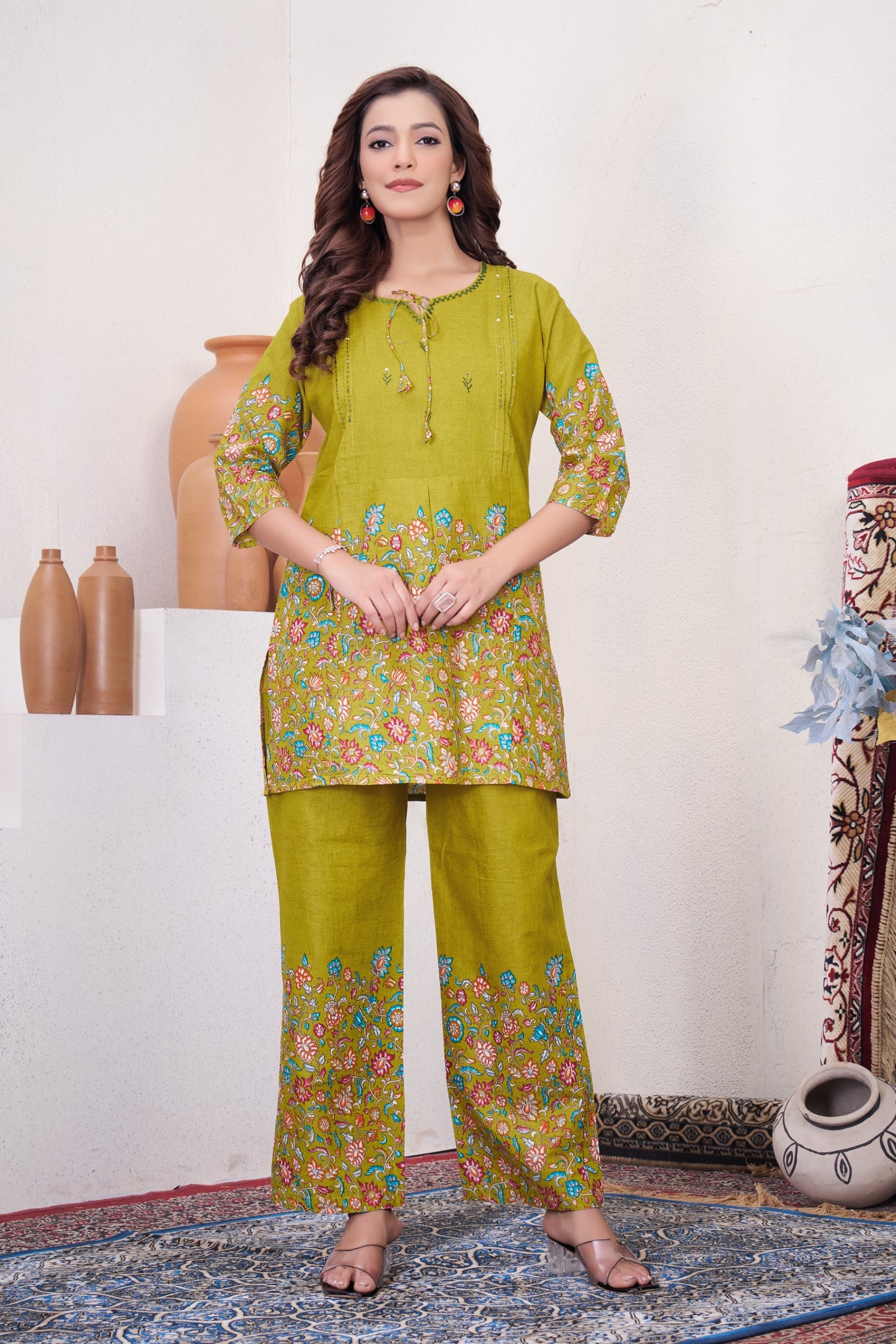 Festive Floral Printed Co-ord Set with Embroidered Neckline & Wide-Leg Trousers