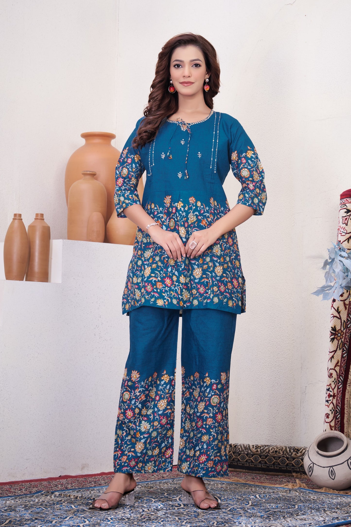 Festive Floral Printed Co-ord Set with Embroidered Neckline & Wide-Leg Trousers