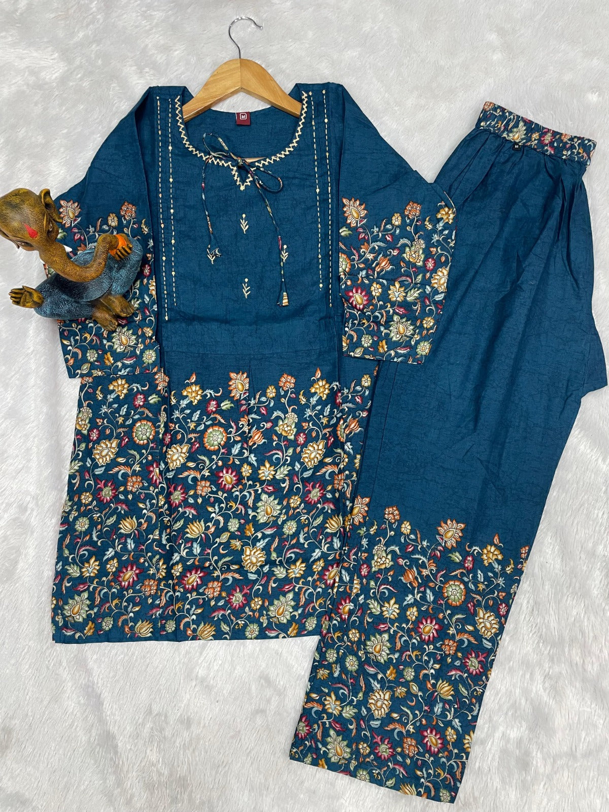 Festive Floral Printed Co-ord Set with Embroidered Neckline & Wide-Leg Trousers
