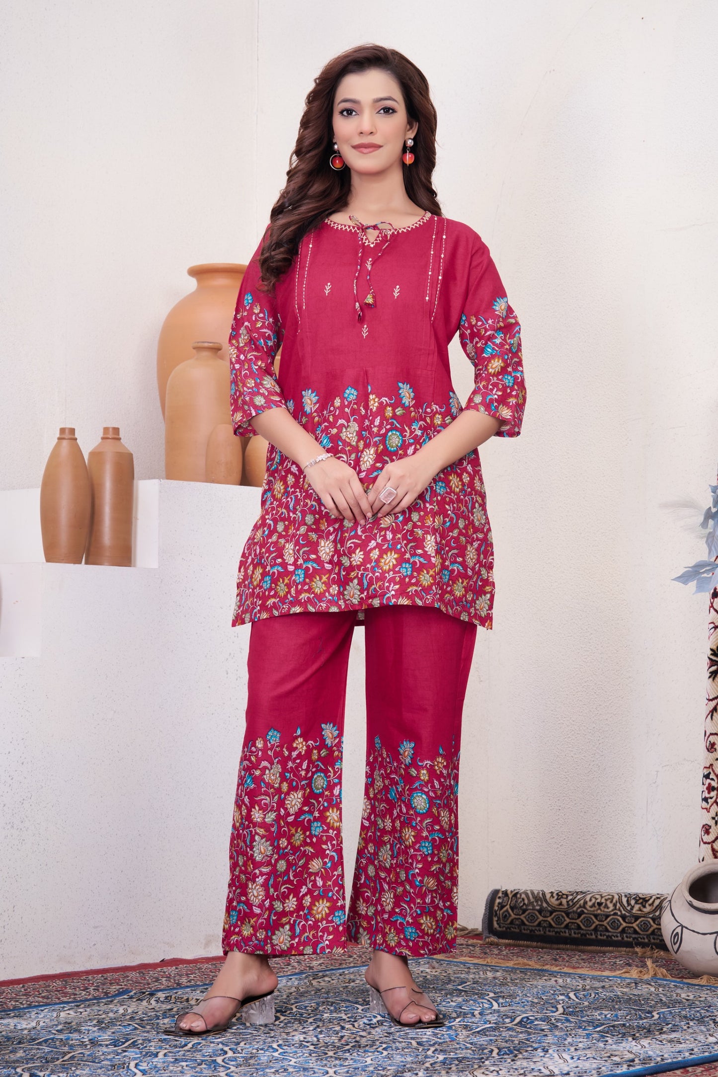Festive Floral Printed Co-ord Set with Embroidered Neckline & Wide-Leg Trousers