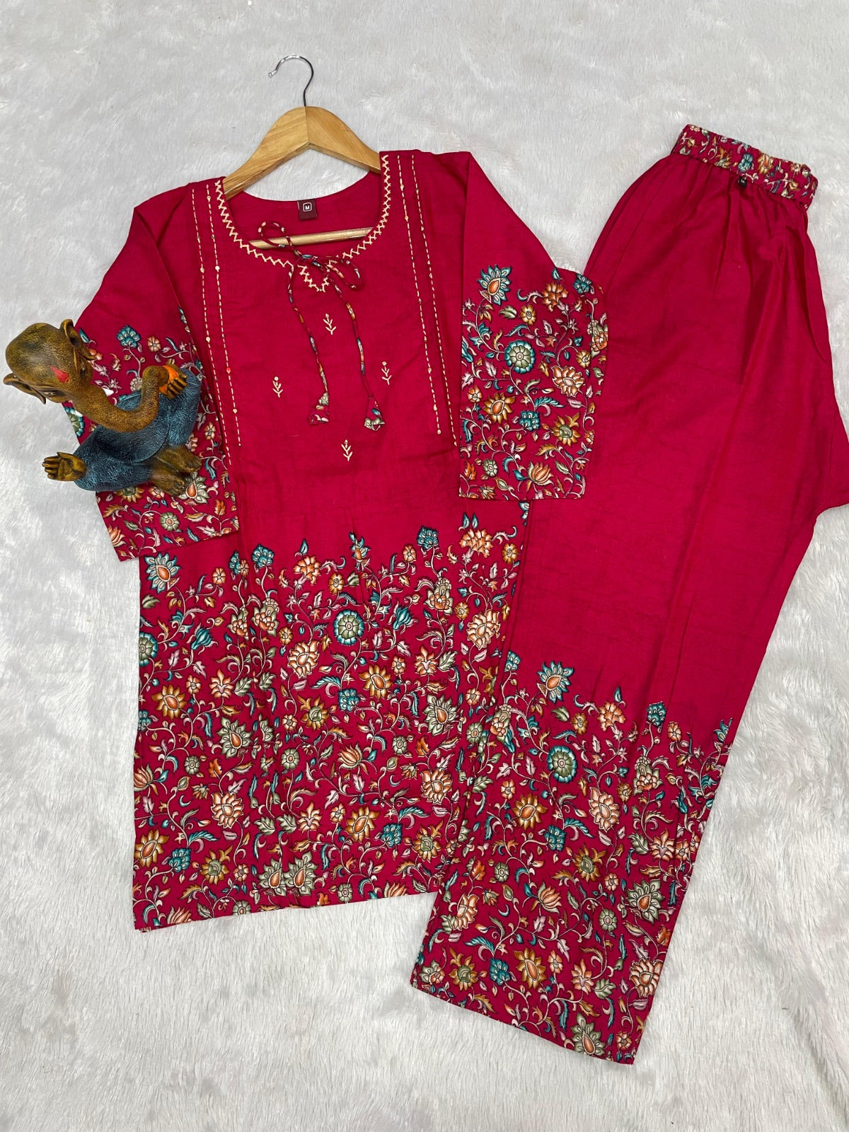 Festive Floral Printed Co-ord Set with Embroidered Neckline & Wide-Leg Trousers