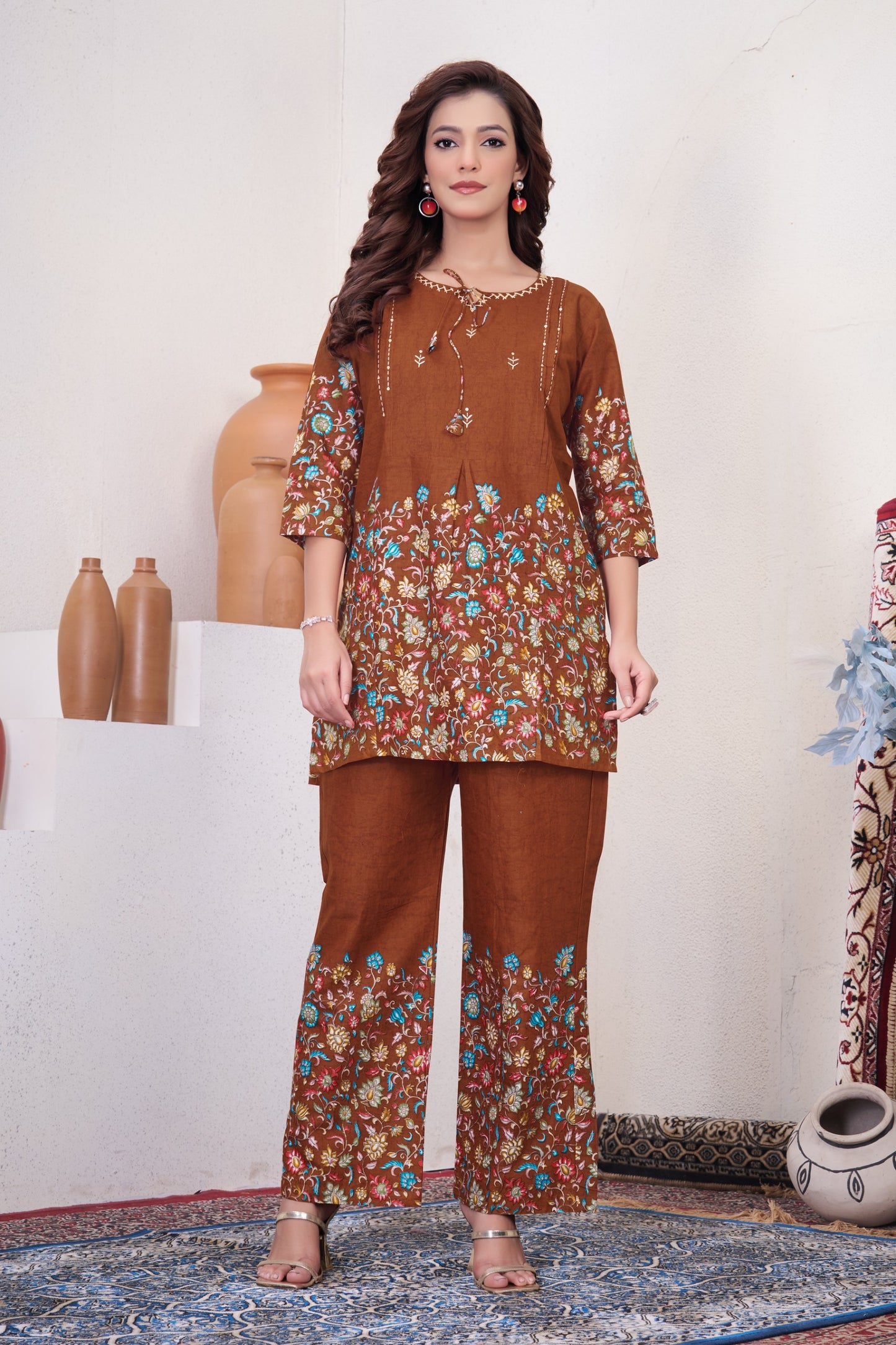 Festive Floral Printed Co-ord Set with Embroidered Neckline & Wide-Leg Trousers