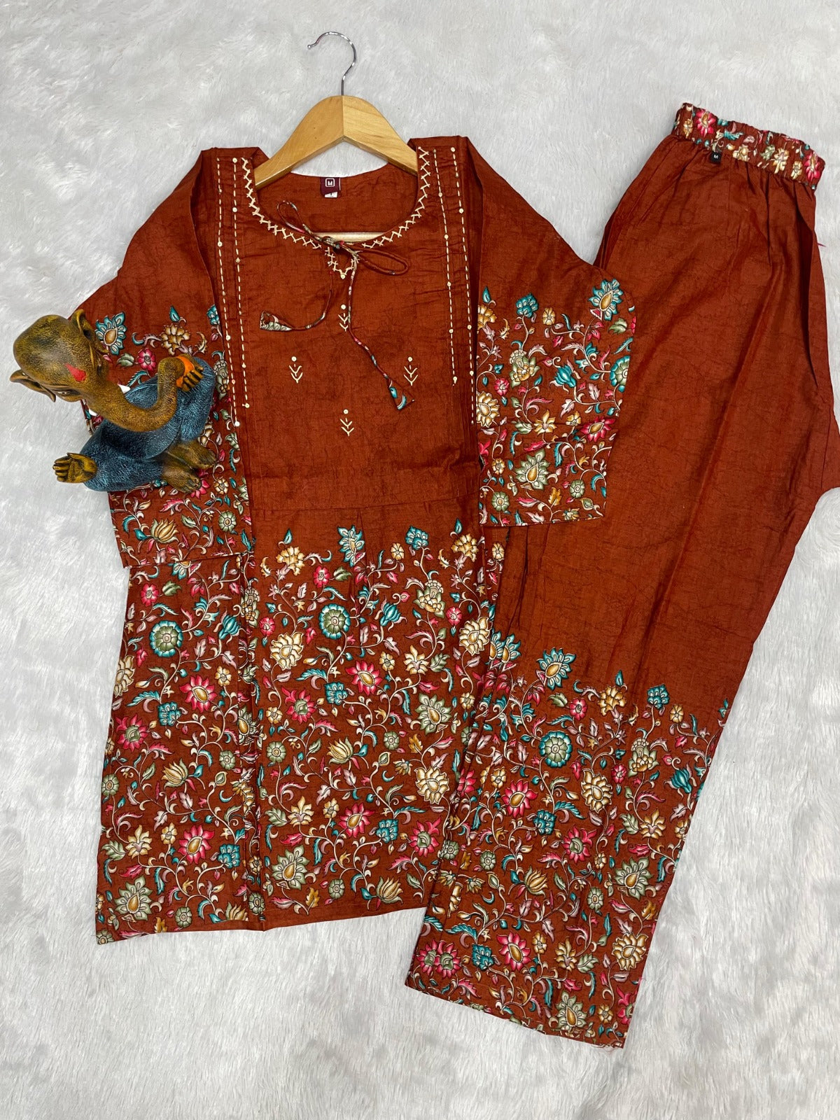 Festive Floral Printed Co-ord Set with Embroidered Neckline & Wide-Leg Trousers