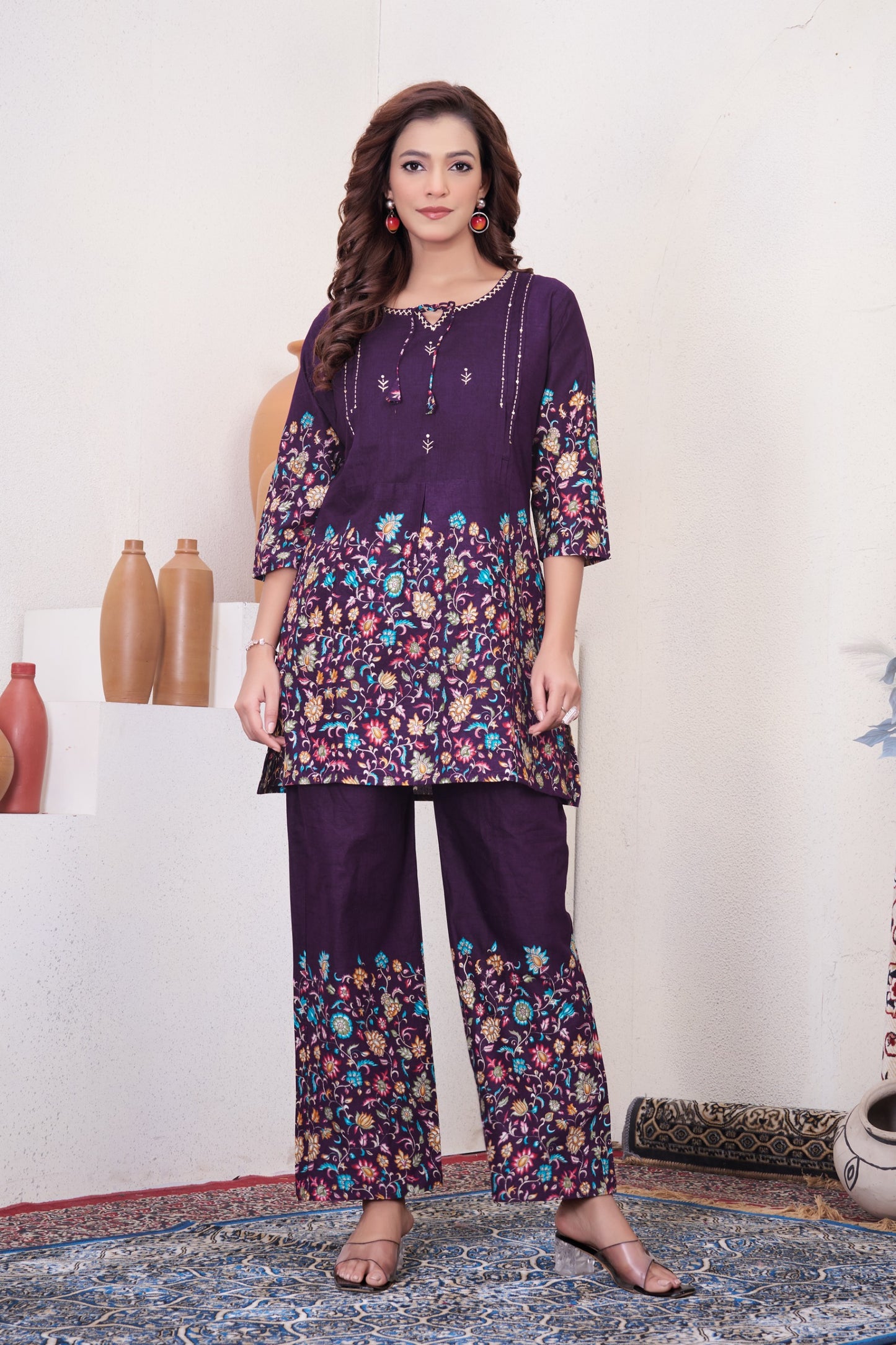 Festive Floral Printed Co-ord Set with Embroidered Neckline & Wide-Leg Trousers