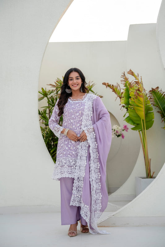 Women's Kurti Palazzo Set in Assorted Colors Mal Cotton with Sequin Embroidery and Four-Side Embroidered Dupatta