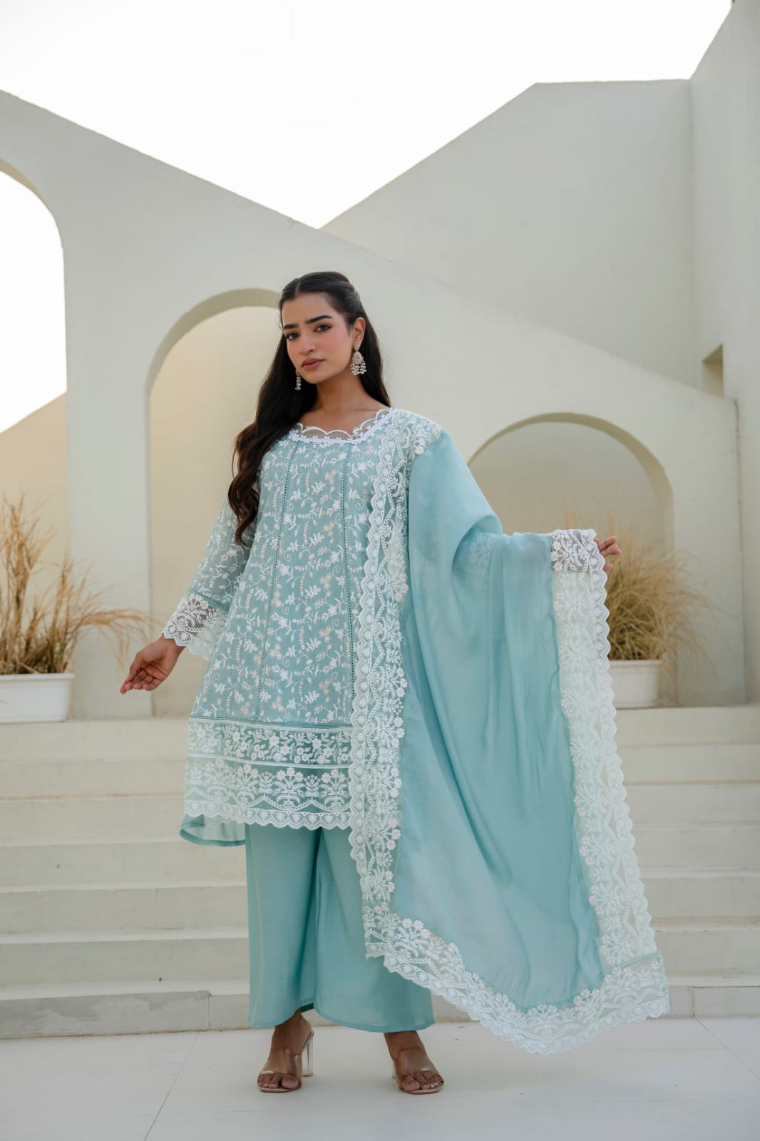 Women's Kurti Palazzo Set in Assorted Colors Mal Cotton with Sequin Embroidery and Four-Side Embroidered Dupatta