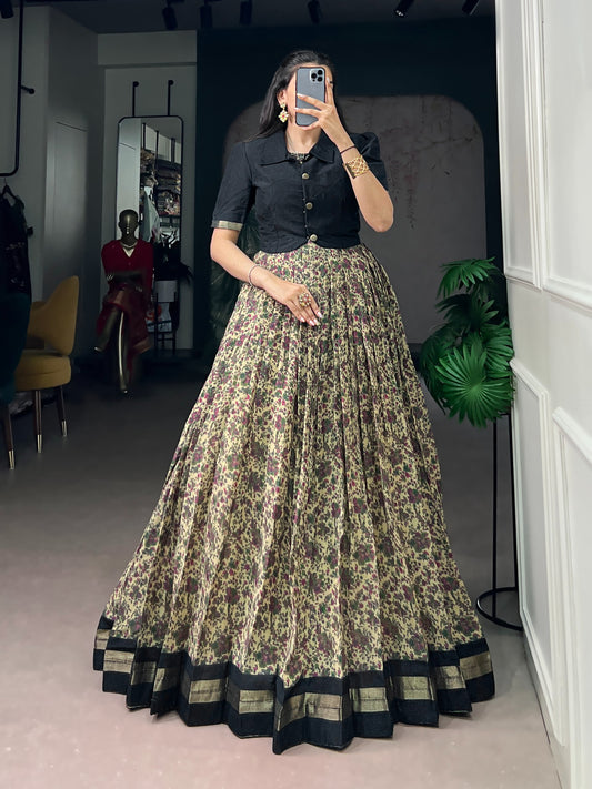 Elegant Floral Printed Lehenga Gown with Short Collar Jacket