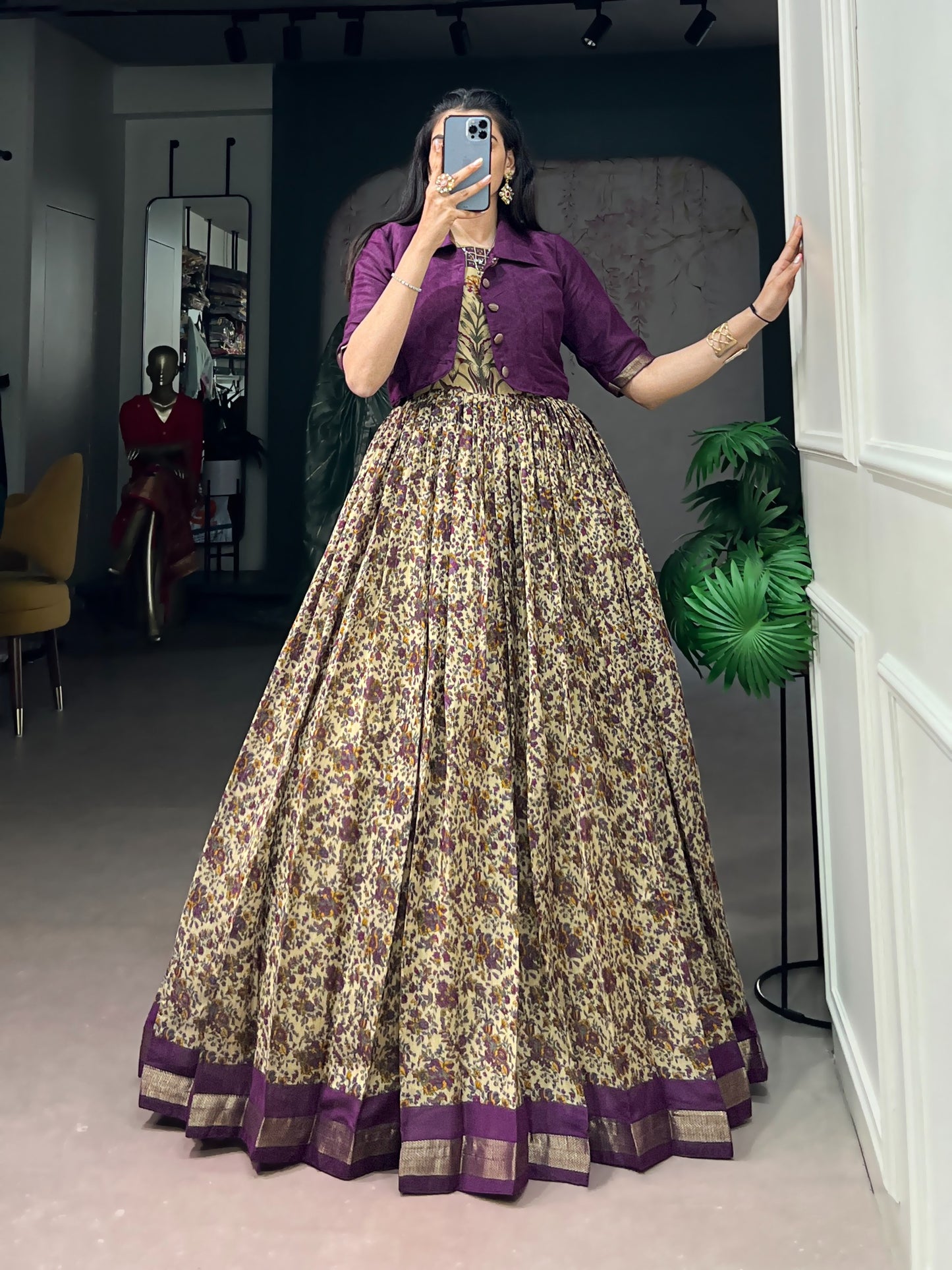 Elegant Floral Printed Lehenga Gown with Short Collar Jacket