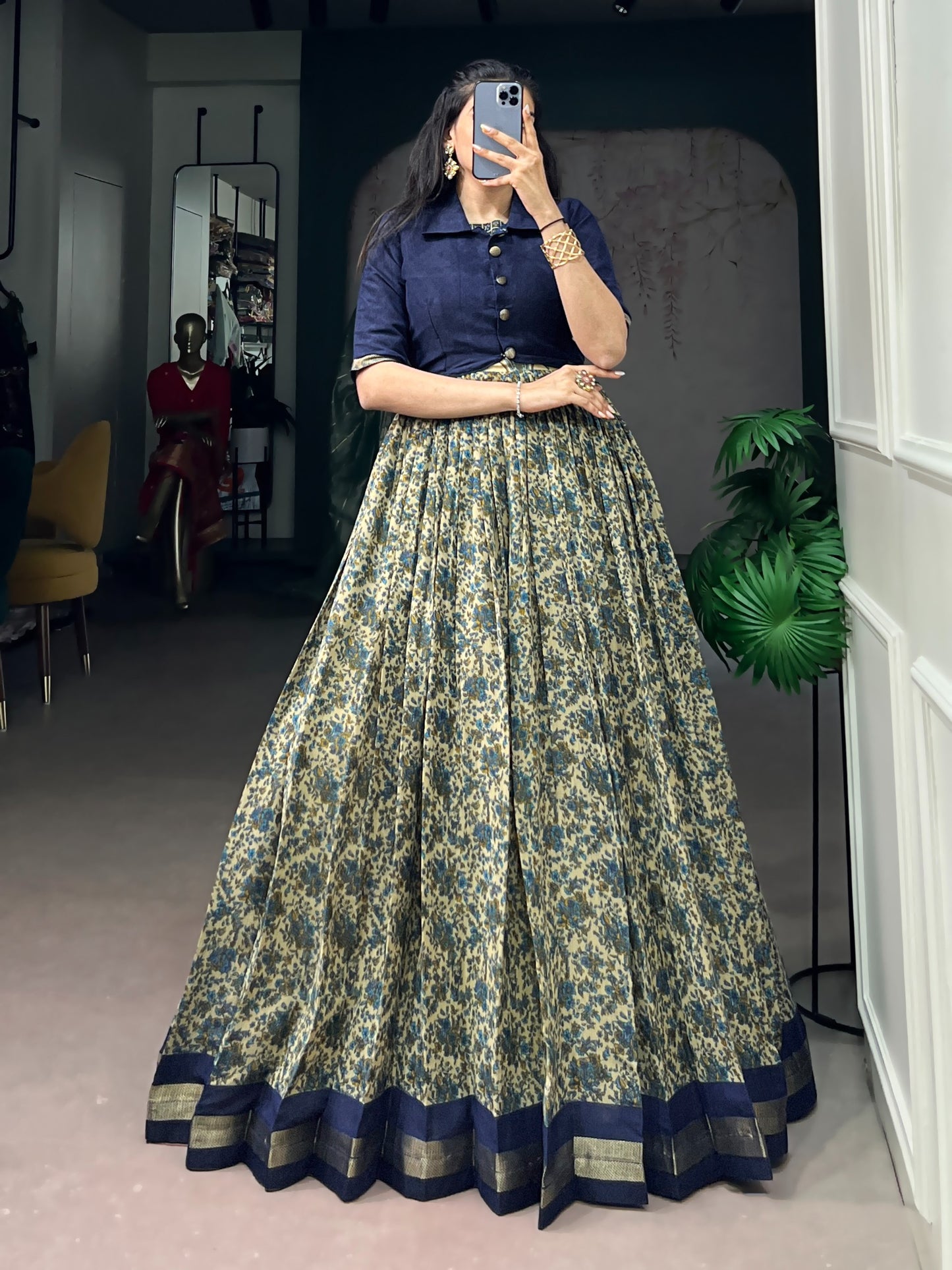 Elegant Floral Printed Lehenga Gown with Short Collar Jacket