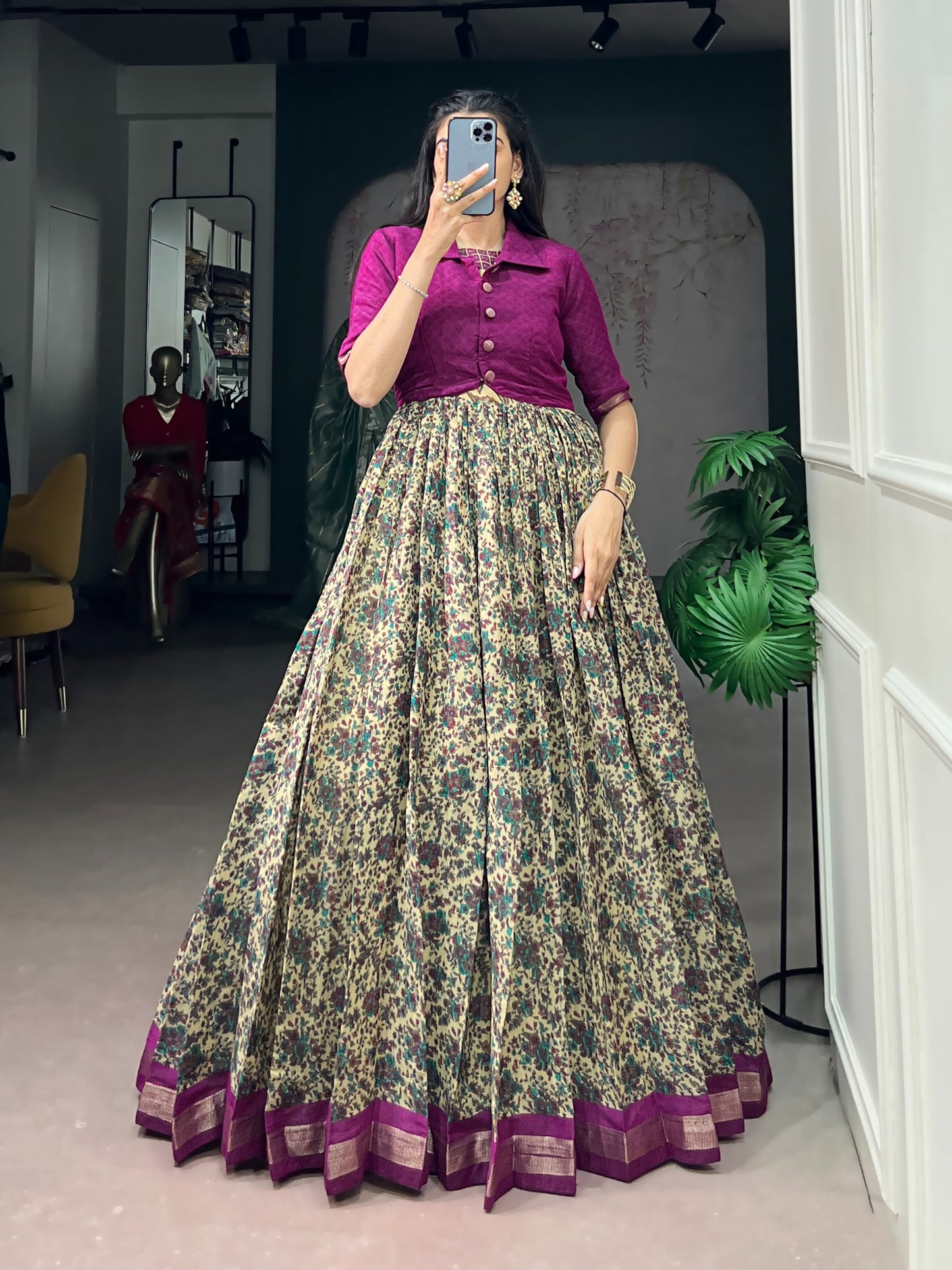 Elegant Floral Printed Lehenga Gown with Short Collar Jacket