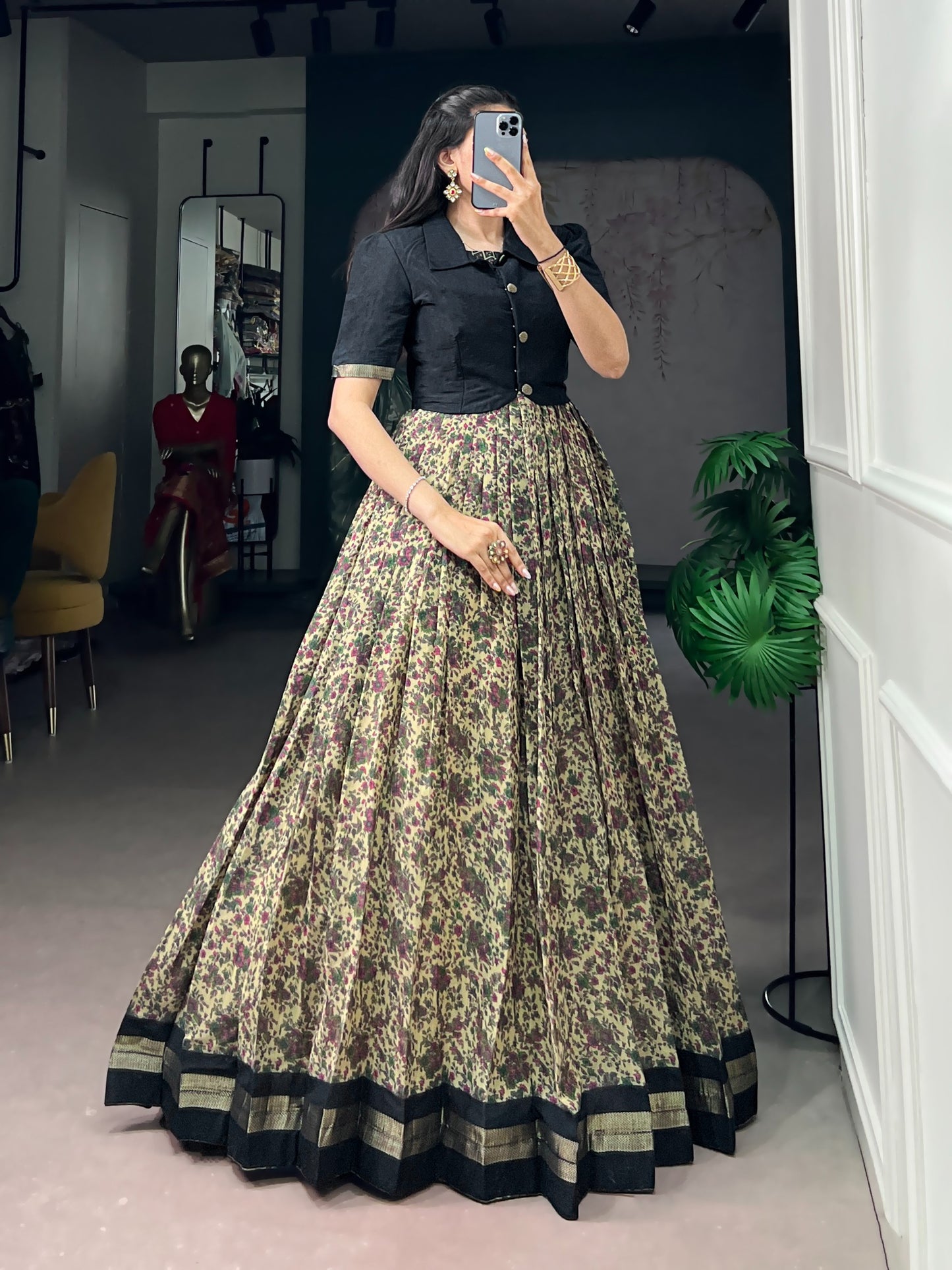 Elegant Floral Printed Lehenga Gown with Short Collar Jacket