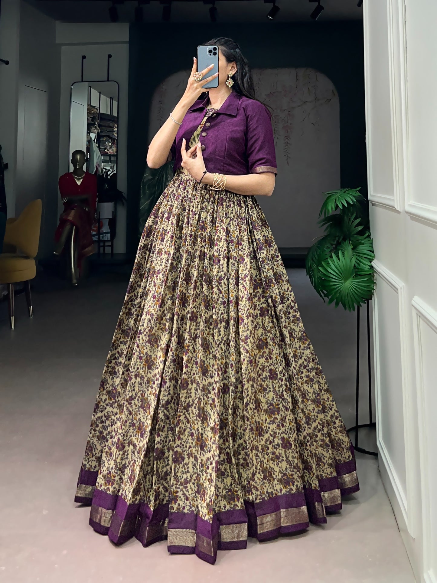 Elegant Floral Printed Lehenga Gown with Short Collar Jacket