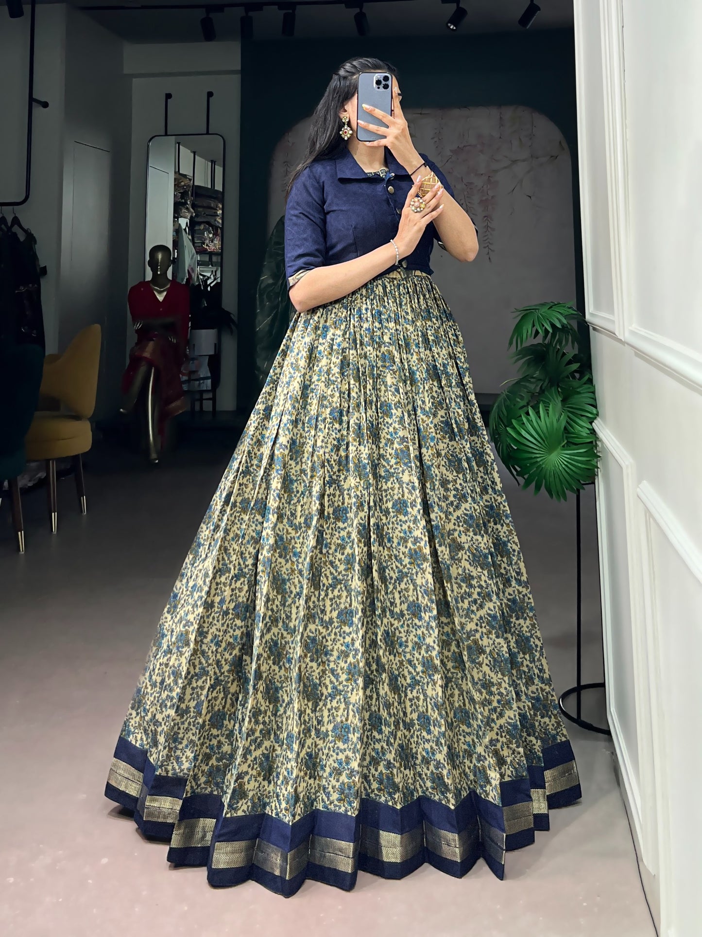 Elegant Floral Printed Lehenga Gown with Short Collar Jacket