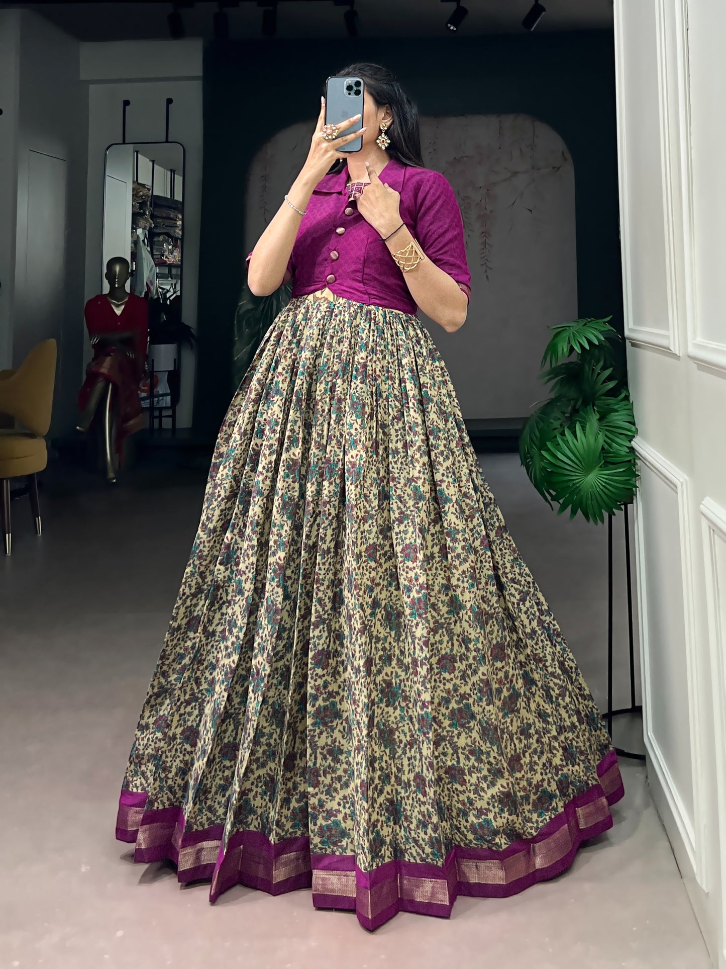 Elegant Floral Printed Lehenga Gown with Short Collar Jacket