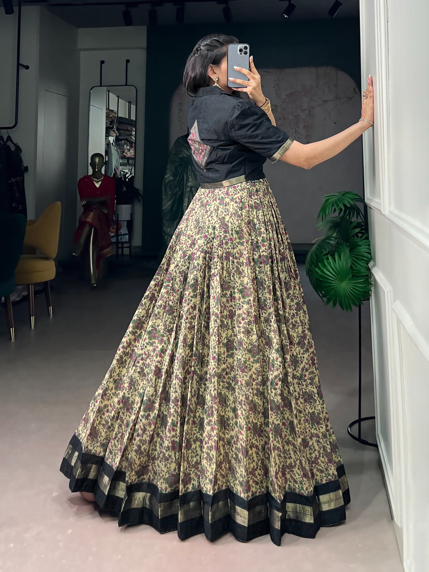 Elegant Floral Printed Lehenga Gown with Short Collar Jacket
