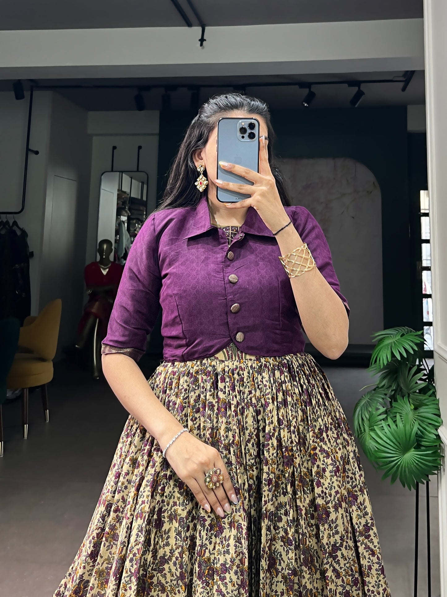 Elegant Floral Printed Lehenga Gown with Short Collar Jacket