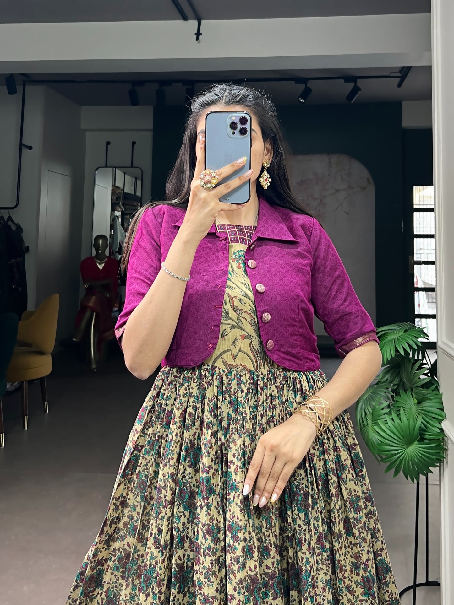 Elegant Floral Printed Lehenga Gown with Short Collar Jacket