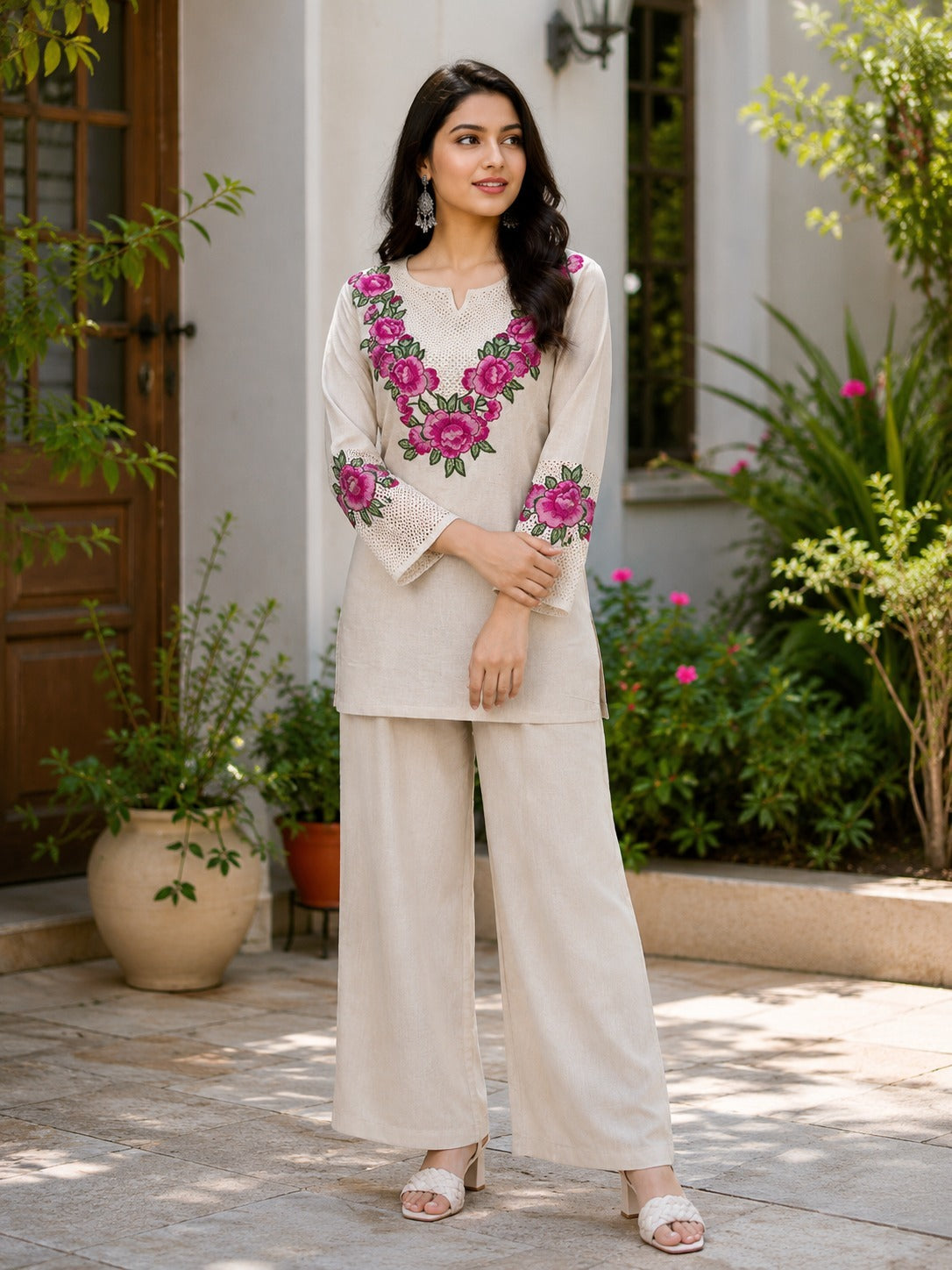 Elegant Beige Co-ord Set with Magenta Floral Embroidery and Cutwork Detailing