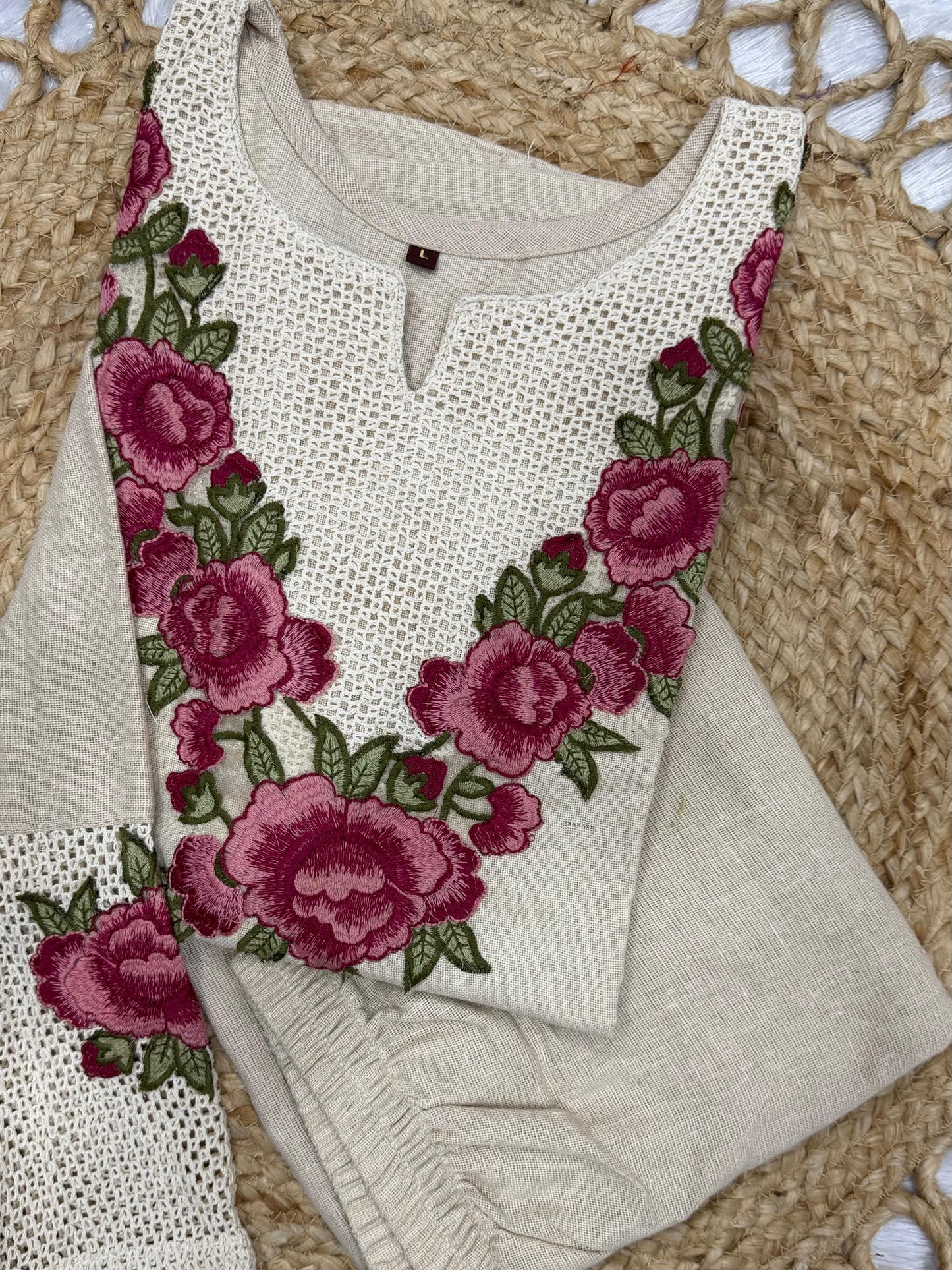 Elegant Beige Co-ord Set with Magenta Floral Embroidery and Cutwork Detailing