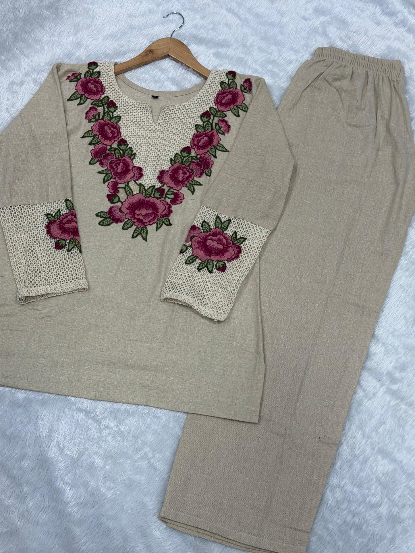 Elegant Beige Co-ord Set with Magenta Floral Embroidery and Cutwork Detailing