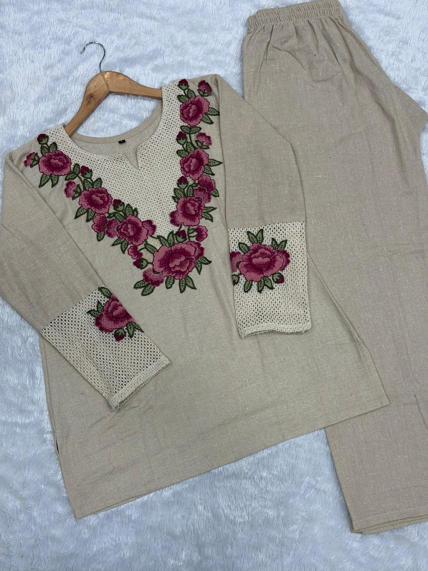 Elegant Beige Co-ord Set with Magenta Floral Embroidery and Cutwork Detailing