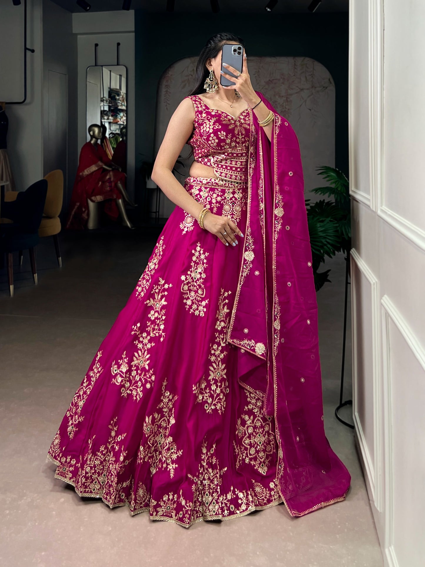 Where tradition meets sparkle This Naysha lehenga choli features detailed thread embroidery and shimmering sequins that make every twirl unforgettable ✨