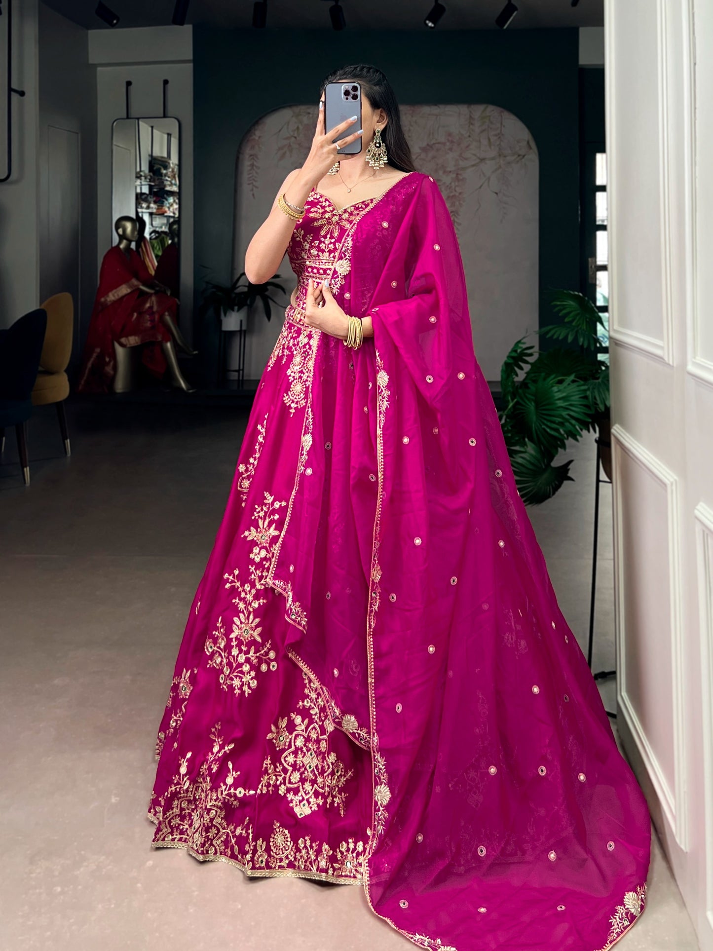 Where tradition meets sparkle This Naysha lehenga choli features detailed thread embroidery and shimmering sequins that make every twirl unforgettable ✨
