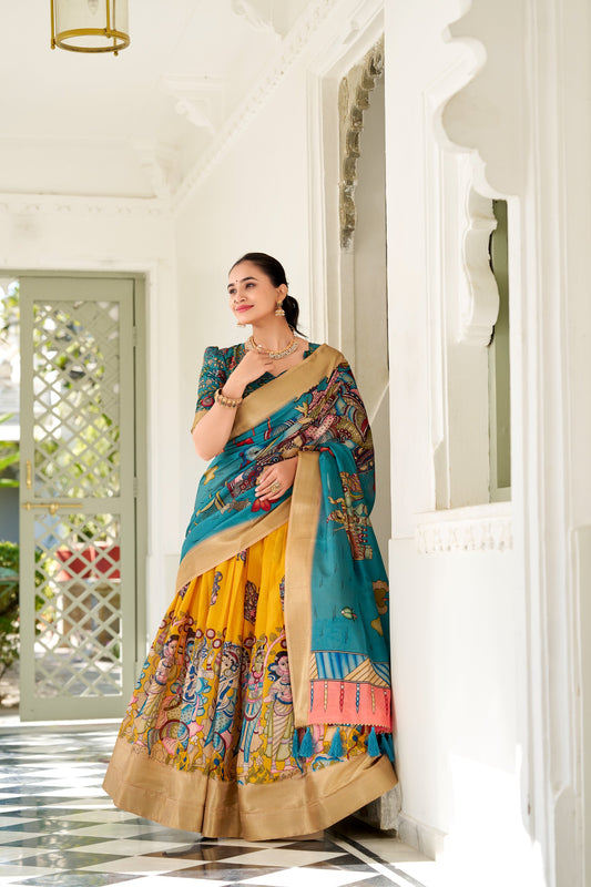 Adorned in the elegance of Dola Silk and the intricate charm of Kalamkari prints, the lehenga choli whispers tales of tradition and beauty💐.