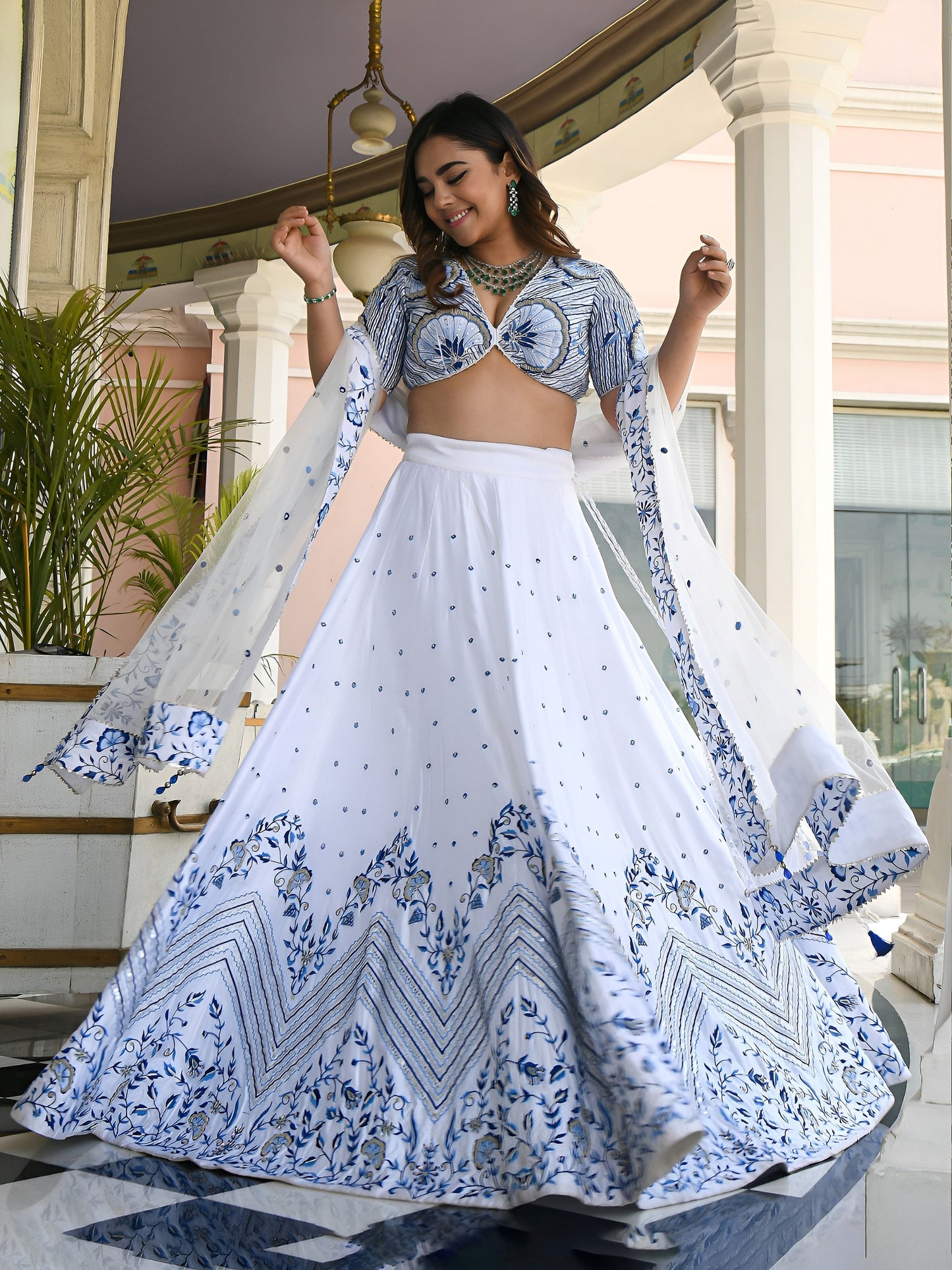 Women's Lehenga Choli in White Satin with Blue Zari Thread and Sequins Embroidery