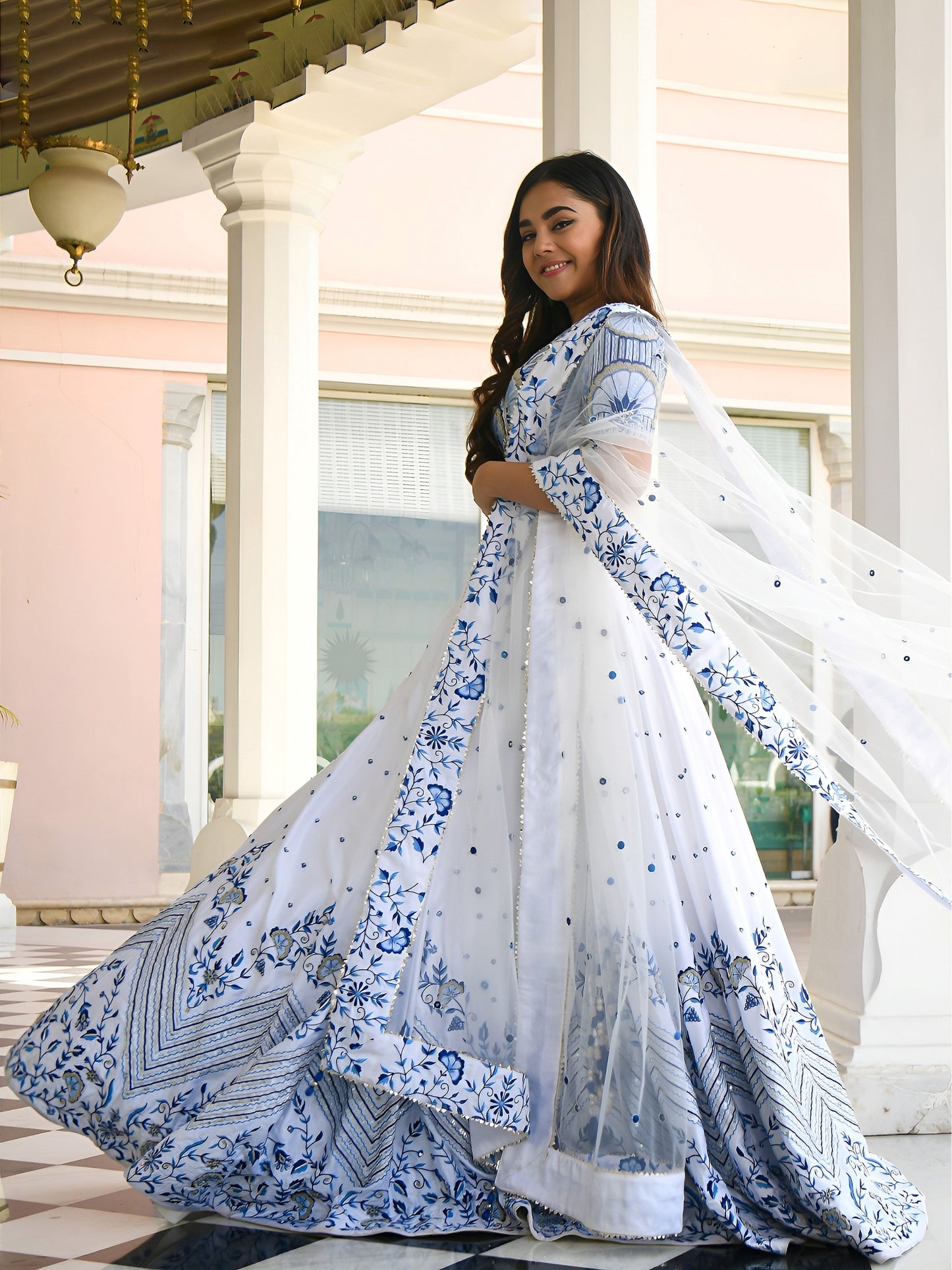 Women's Lehenga Choli in White Satin with Blue Zari Thread and Sequins Embroidery
